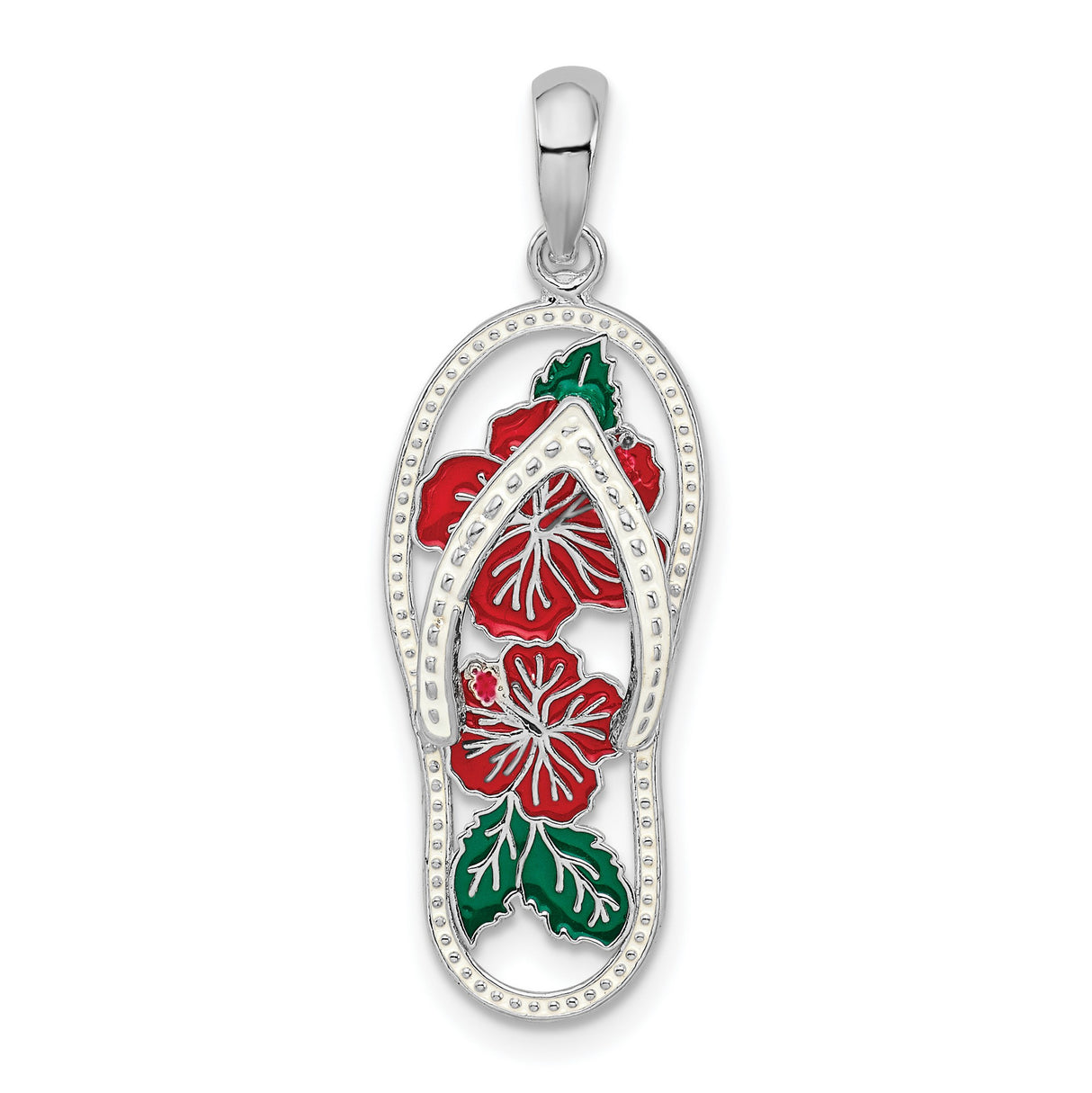 Sterling Silver Flip-Flop Pendant with Red Hibiscus Flowers and Green Leaves, Tropical Charm