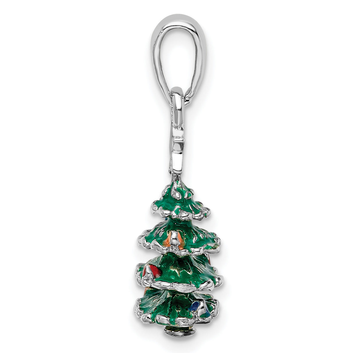 Sterling Silver Christmas Tree Pendant with Enamel Ornaments and Star Topper, Holiday Christian Jewelry