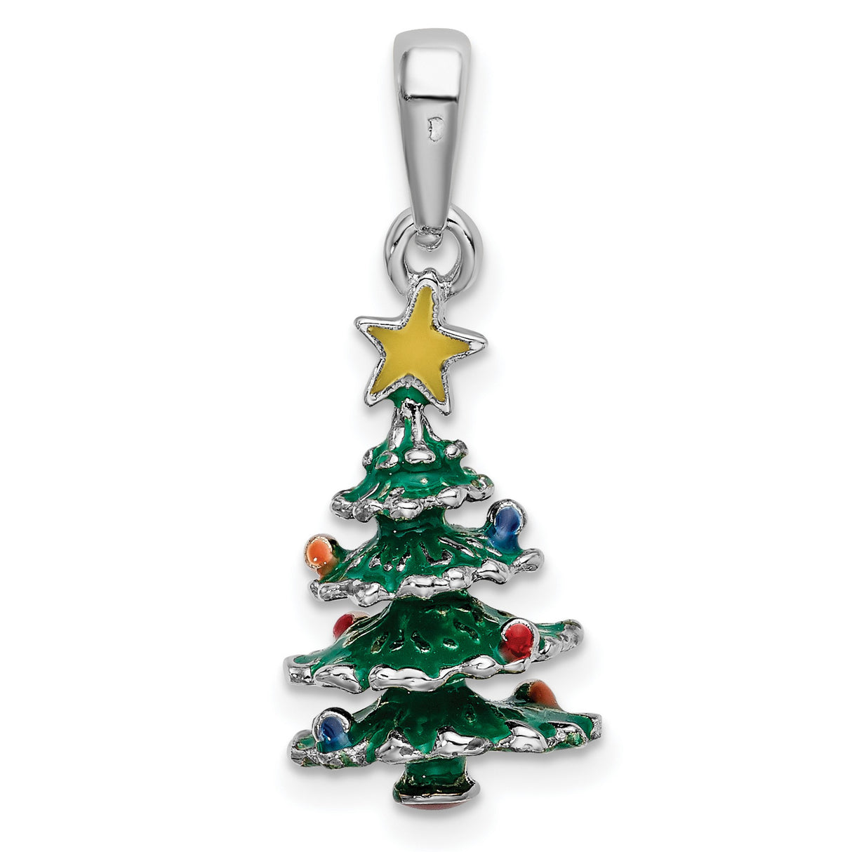 Sterling Silver Christmas Tree Pendant with Enamel Ornaments and Star Topper, Holiday Christian Jewelry