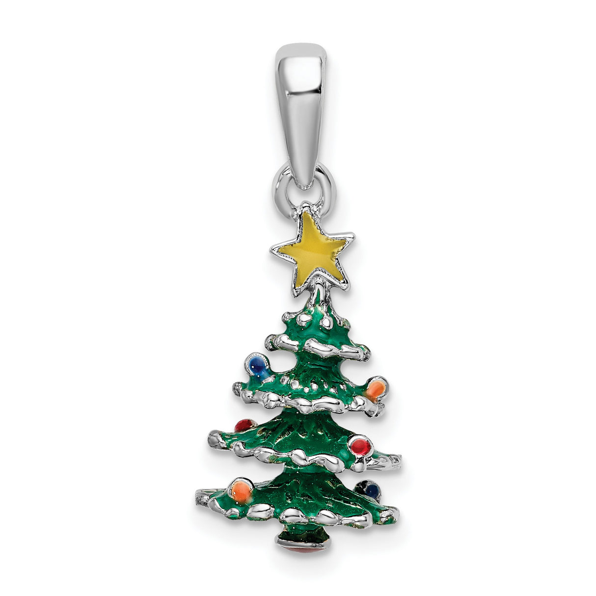 Sterling Silver Christmas Tree Pendant with Enamel Ornaments and Star Topper, Holiday Christian Jewelry