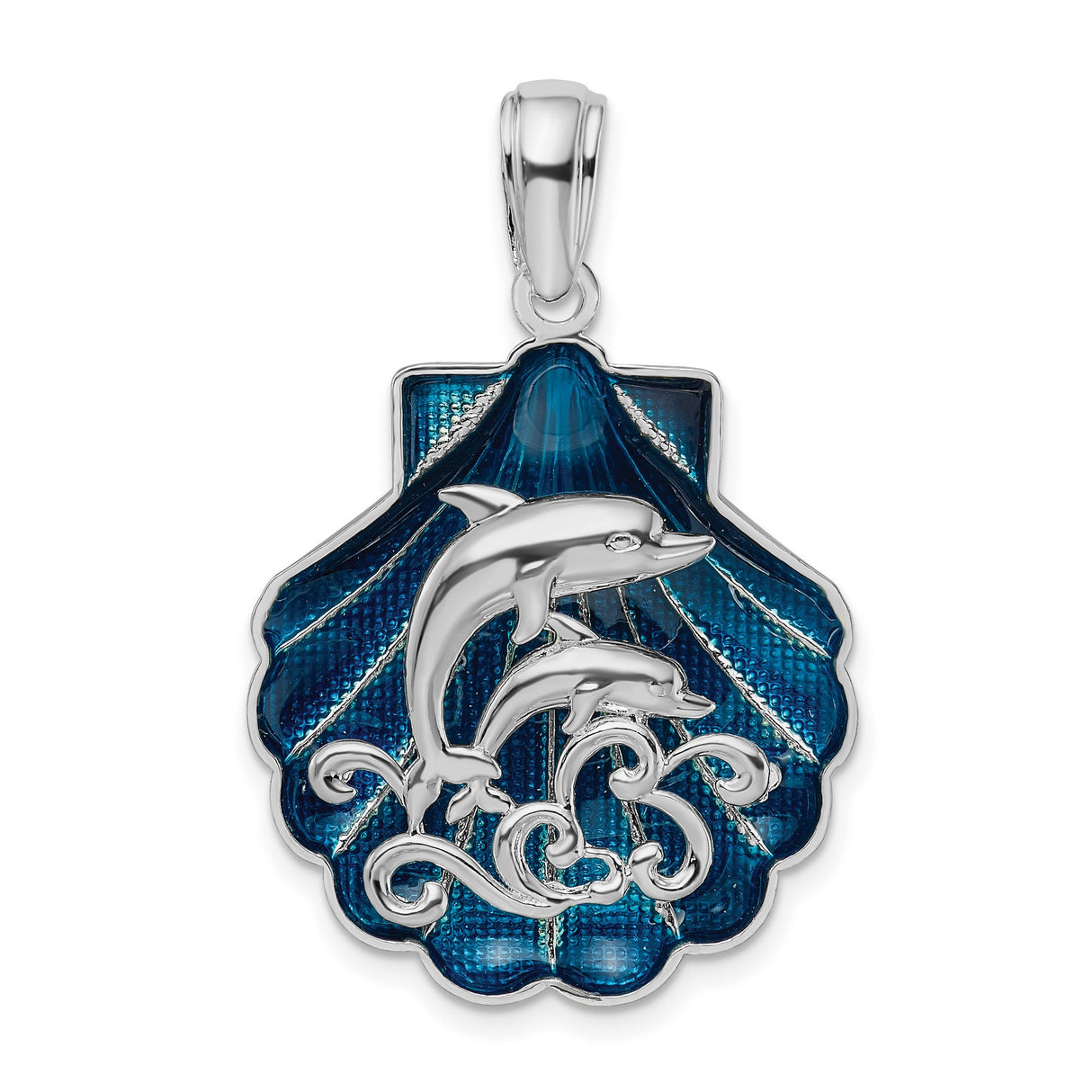 Sterling Silver Dolphin Pendant with Blue Seashell Background and Wave Design