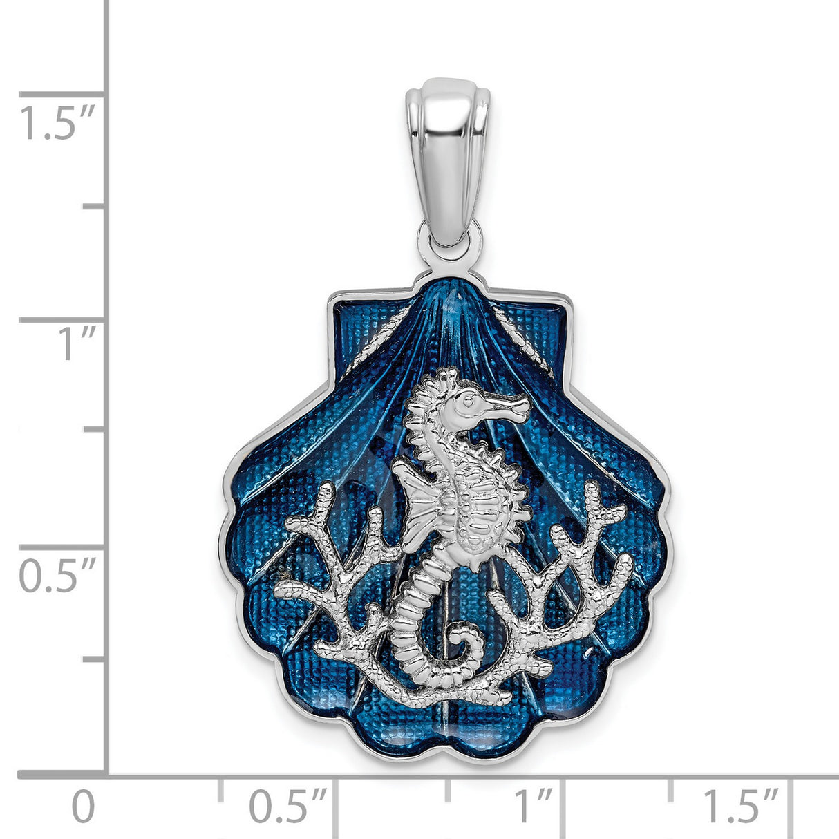 Sterling Silver Seahorse Pendant with Blue Enamel Scallop Shell and Coral Accents, Nautical Theme