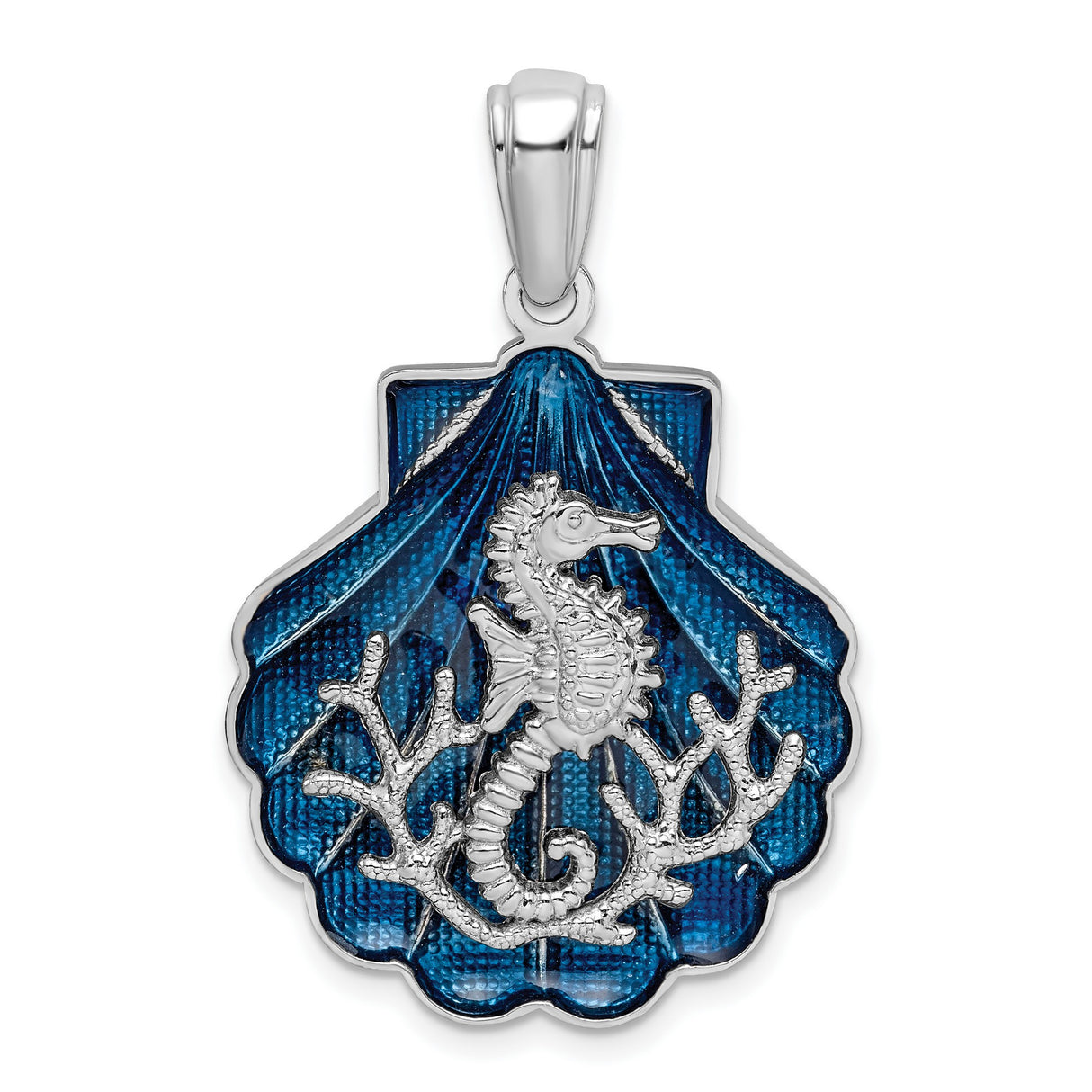 Sterling Silver Seahorse Pendant with Blue Enamel Scallop Shell and Coral Accents, Nautical Theme