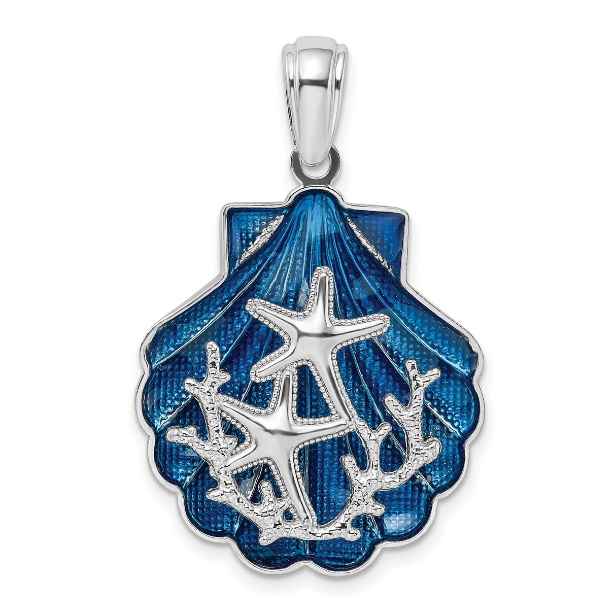Sterling Silver Seashell Pendant with Blue Enamel, Starfish and Coral Design