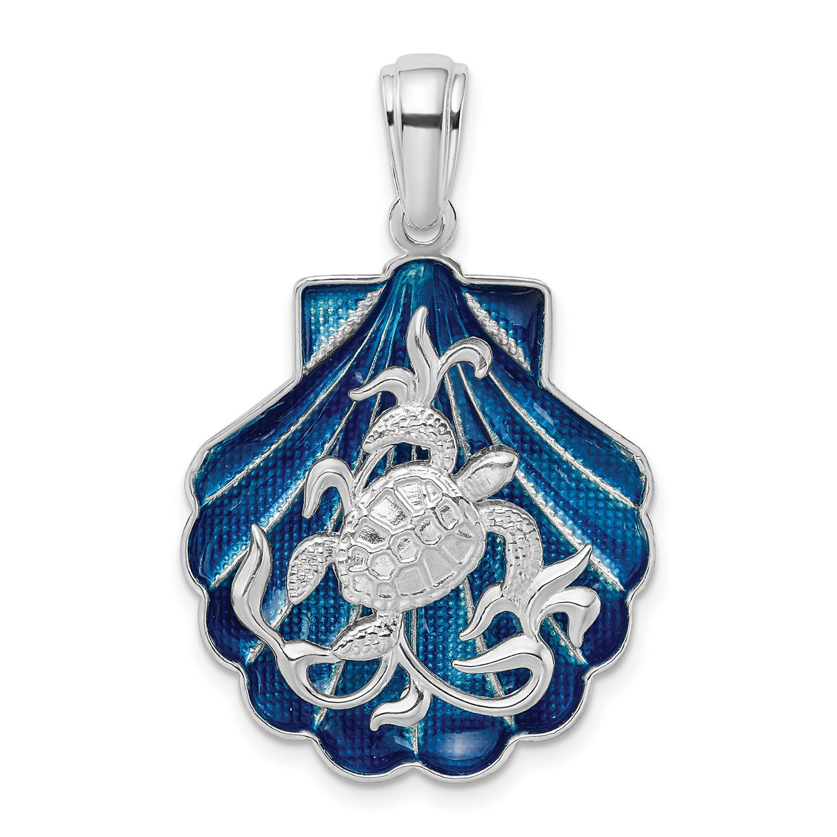 Sterling Silver Sea Turtle Pendant with Blue Enamel Scallop Shell Design