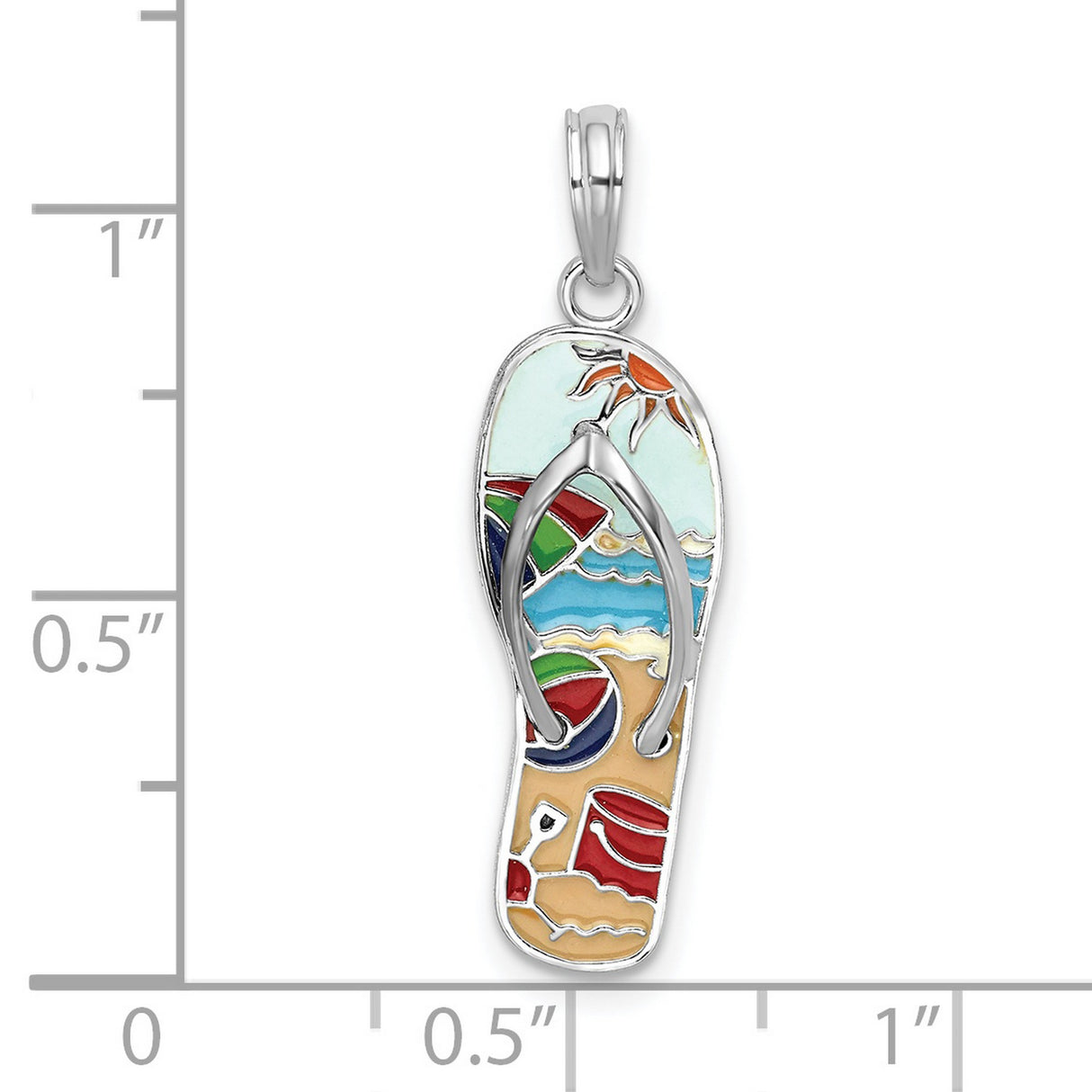 Polished 3-D Enameled Beach Scene Flip-flop Charm Pendant in Real 925 Sterling Silver