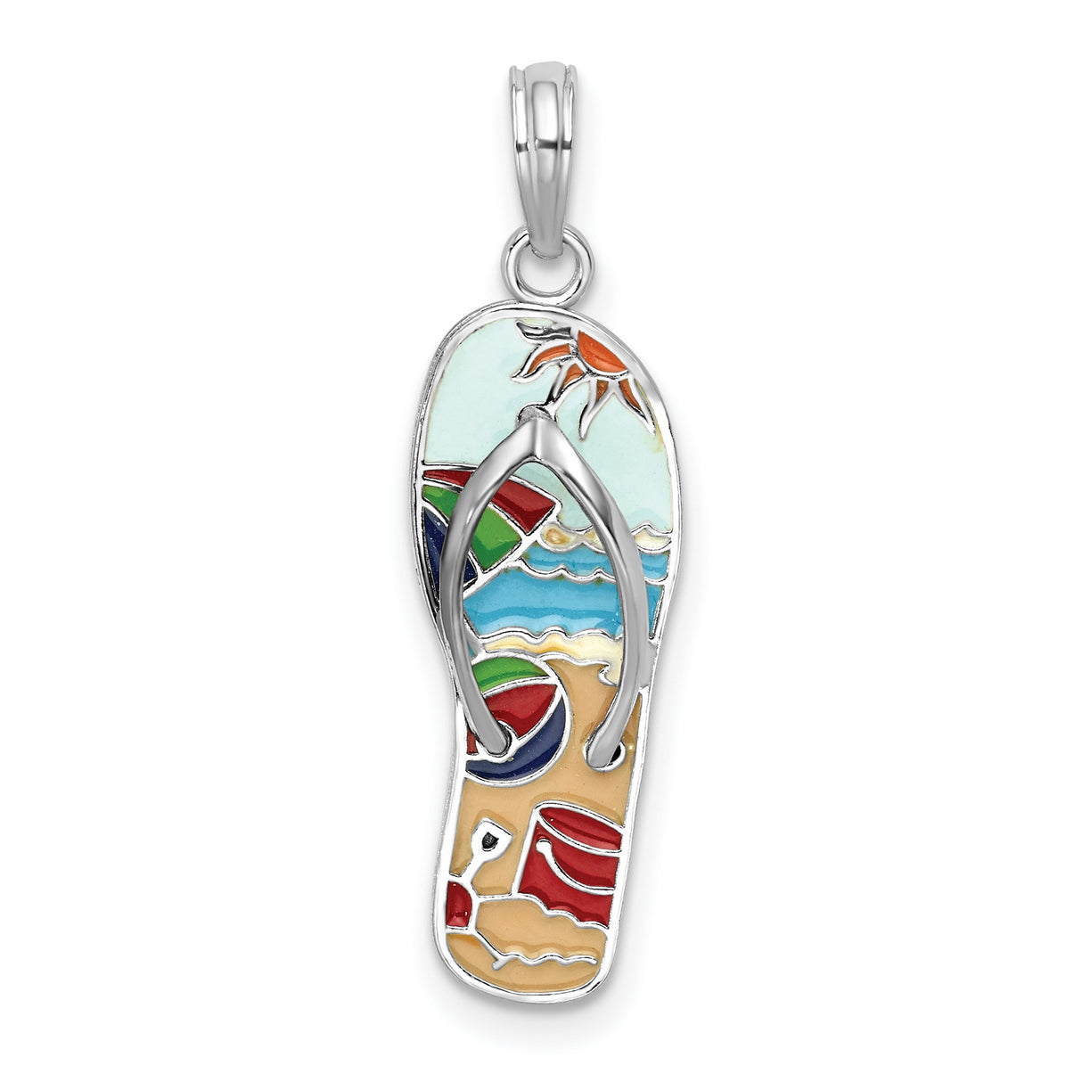 Polished 3-D Enameled Beach Scene Flip-flop Charm Pendant in Real 925 Sterling Silver
