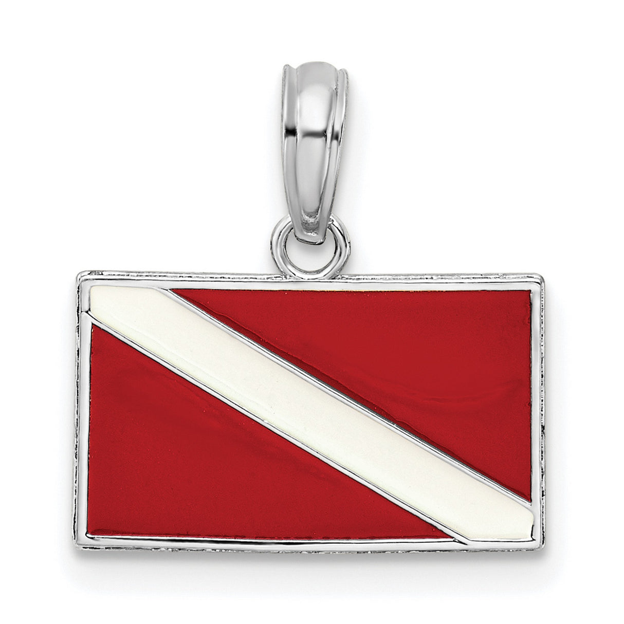 Sterling Silver Dive Flag Pendant with Red and White Diver Down Design, Nautical Scuba Charm