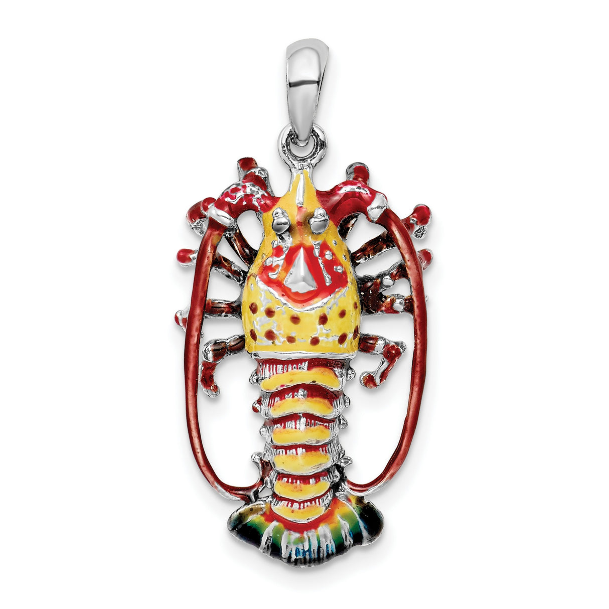 Sterling Silver Lobster Pendant with Red Yellow Green Enamel, Nautical Charm for Ocean Lovers