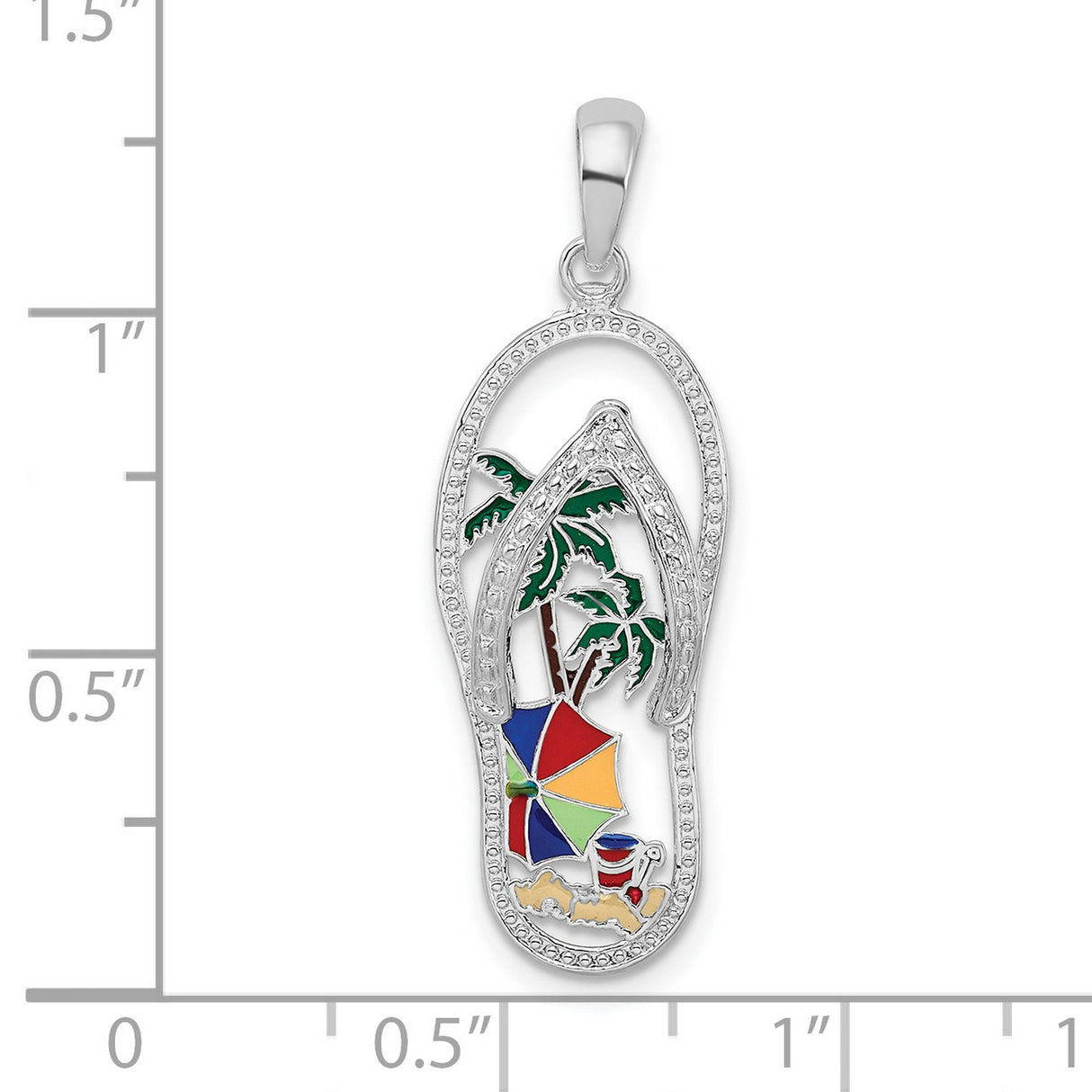 Sterling Silver Flip-Flop Pendant with Enamel Beach Scene, Palm Tree and Umbrella Design