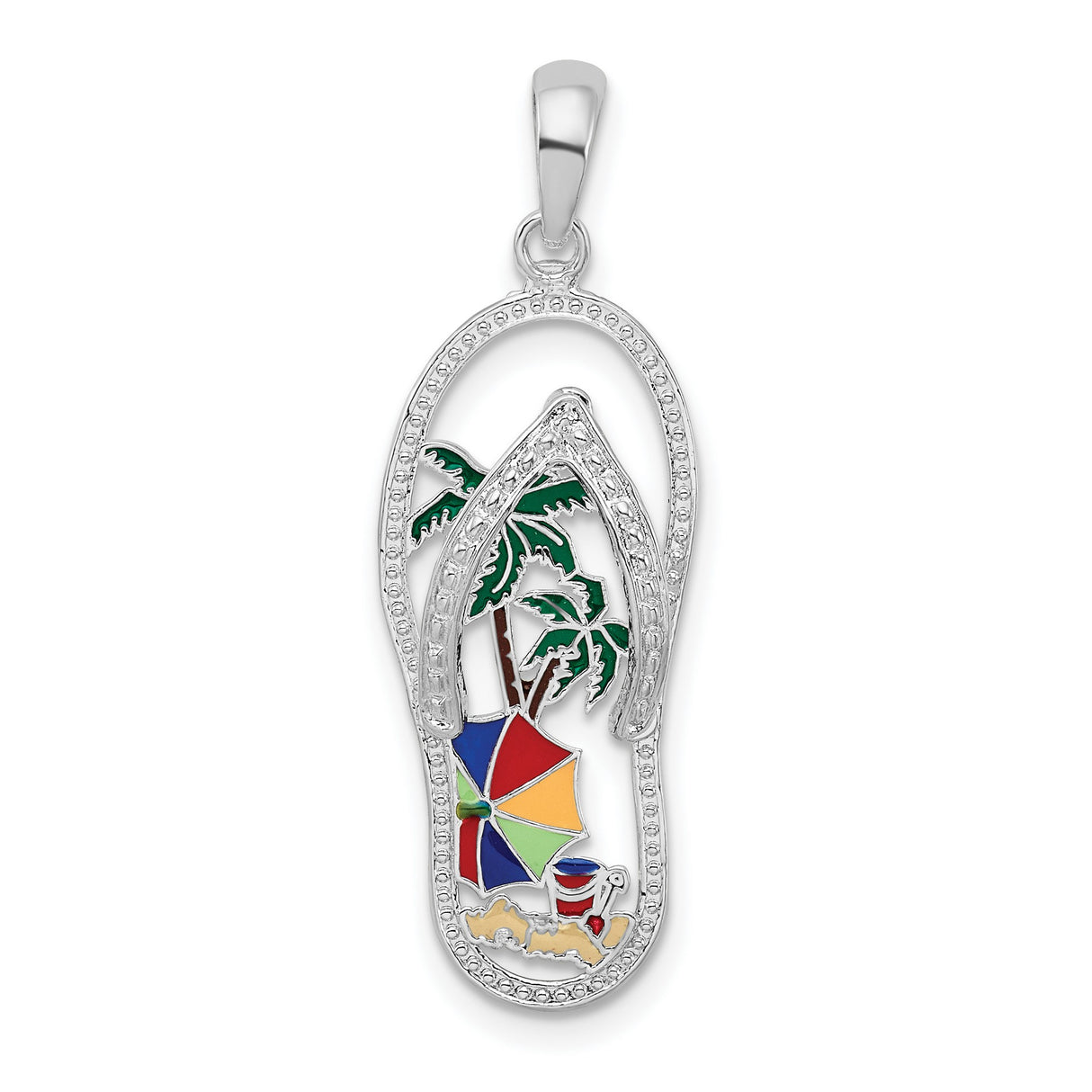 Sterling Silver Flip-Flop Pendant with Enamel Beach Scene, Palm Tree and Umbrella Design