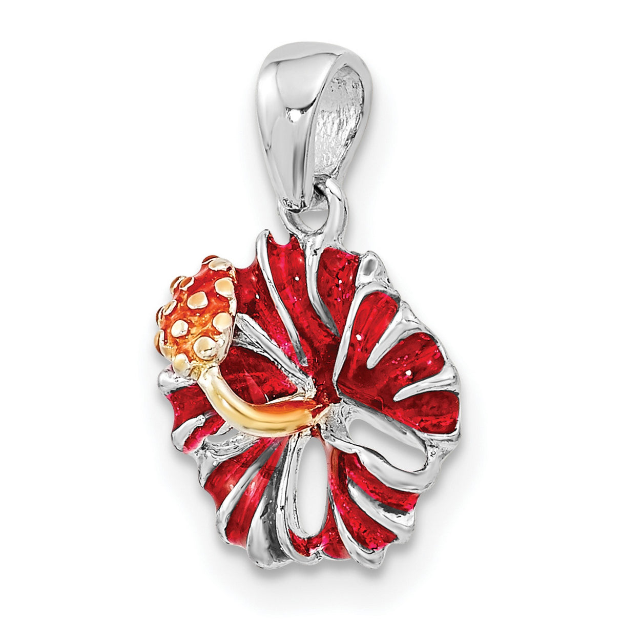 Sterling Silver Hibiscus Flower Pendant with Red Enamel and Gold Stamen Detail