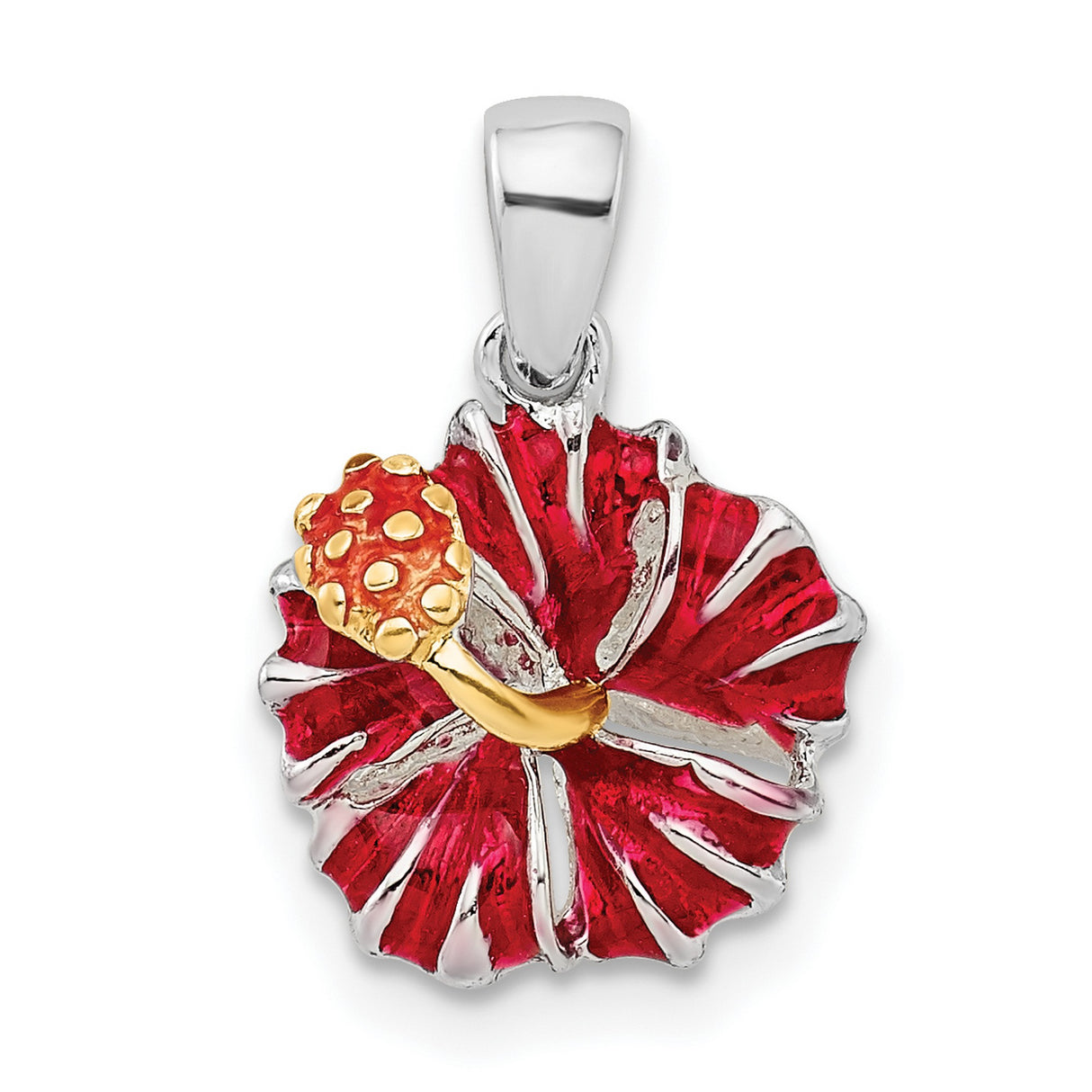 Sterling Silver Hibiscus Flower Pendant with Red Enamel and Gold Stamen Detail