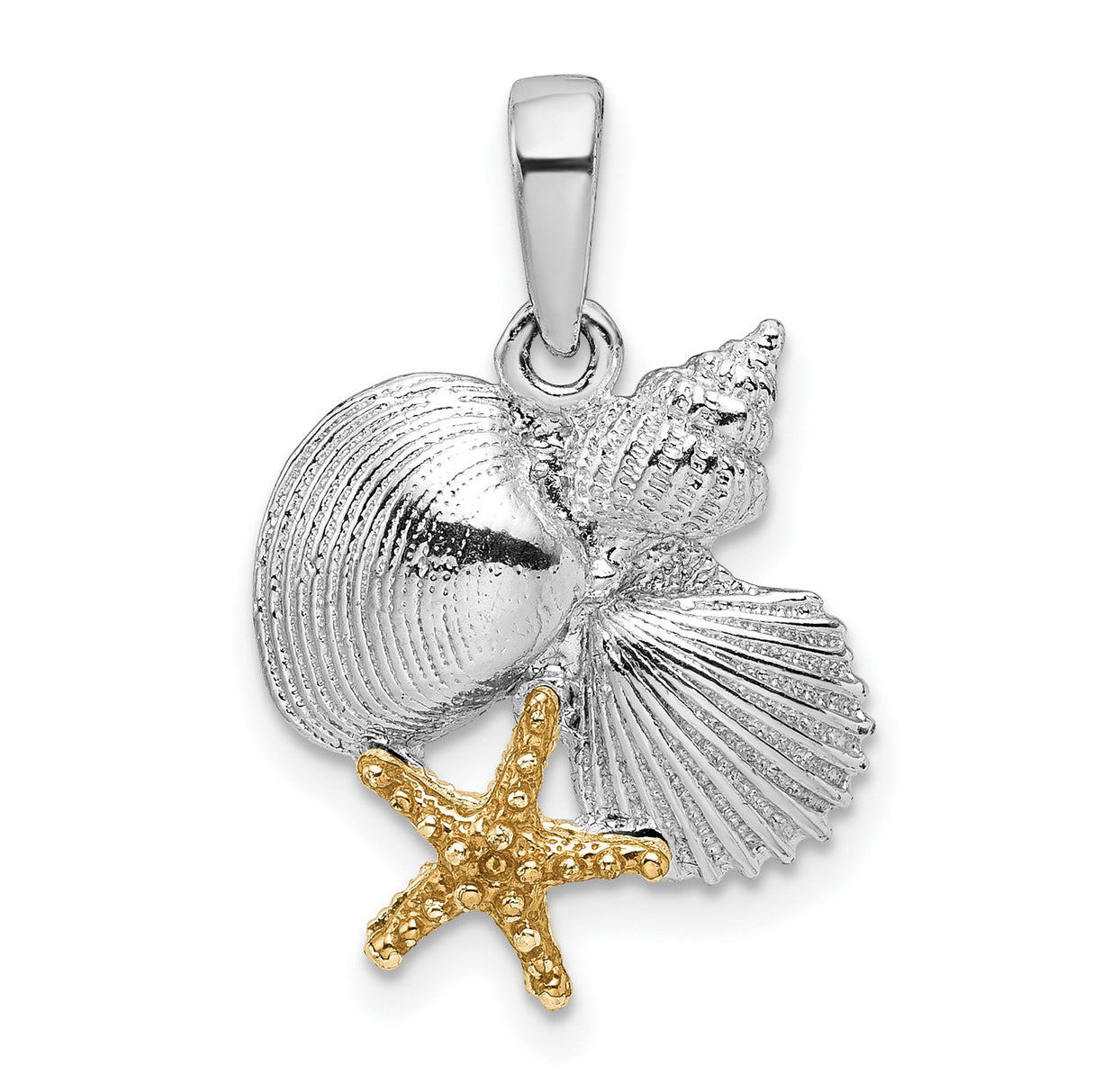 Sterling Silver Pendant with Two-Tone Seashell and Starfish Ocean Theme Design