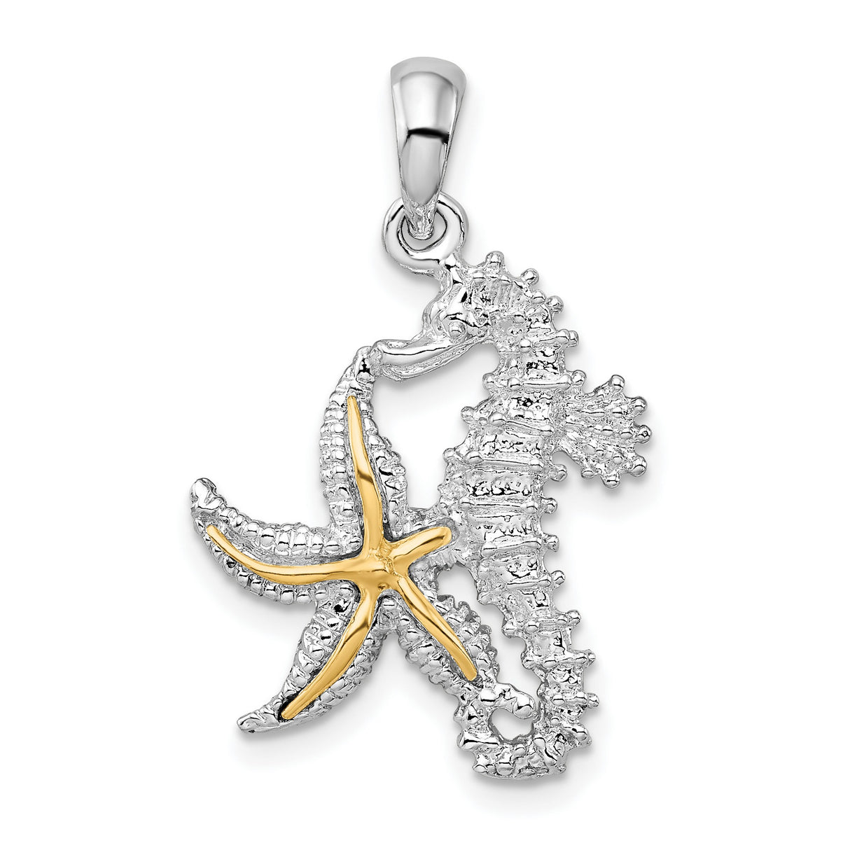 Sterling Silver Pendant with Two Tone Seahorse and Starfish, Nautical Ocean Life Theme for Women