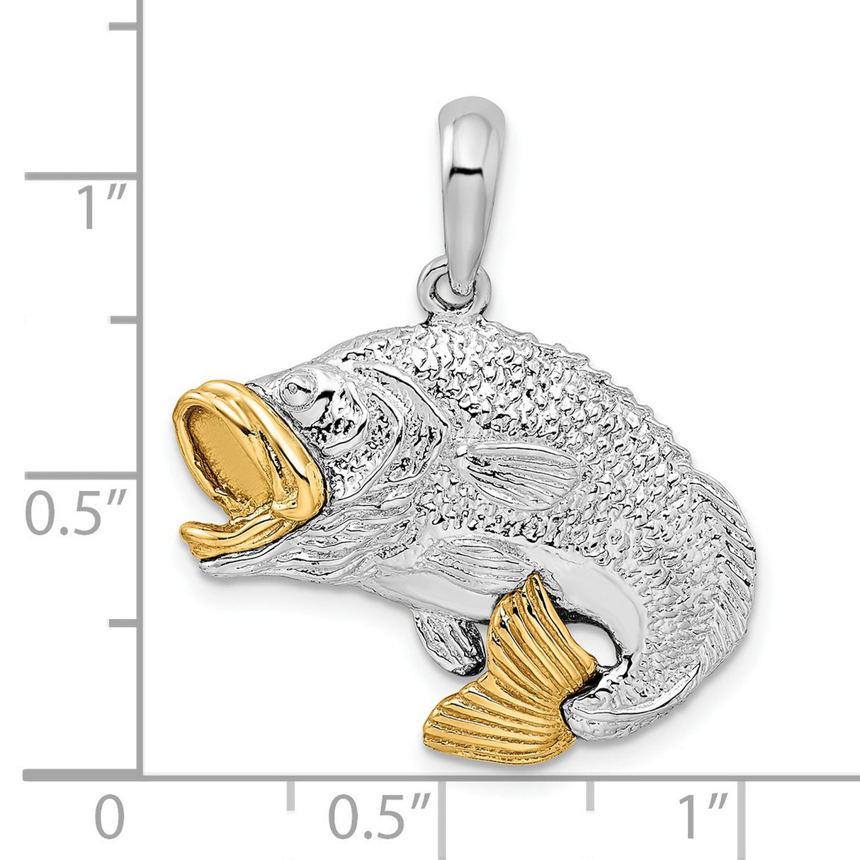 Sterling Silver Bass Pendant, Two-Tone Fish Charm with Realistic Design for Men or Unisex Wear