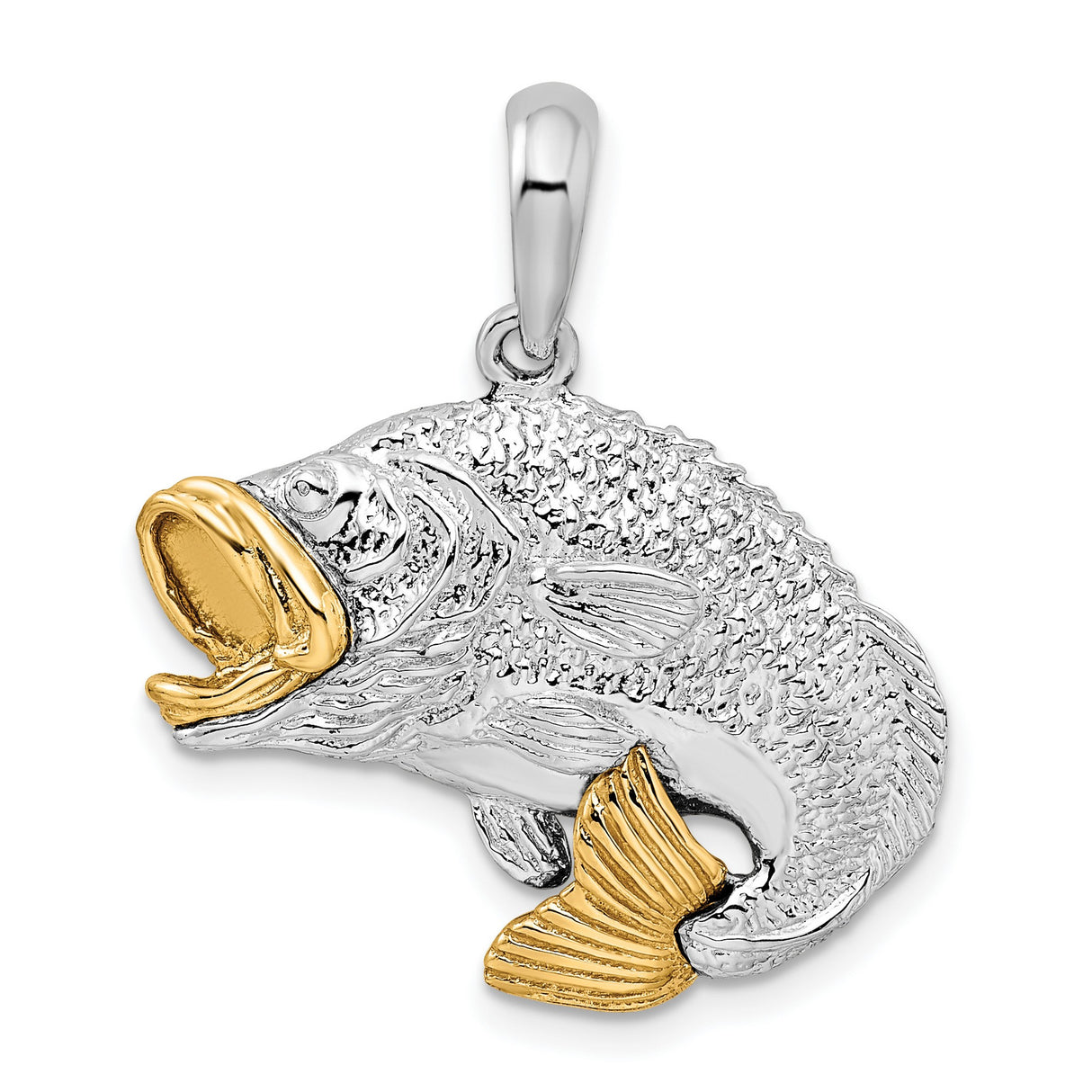 Sterling Silver Bass Pendant, Two-Tone Fish Charm with Realistic Design for Men or Unisex Wear