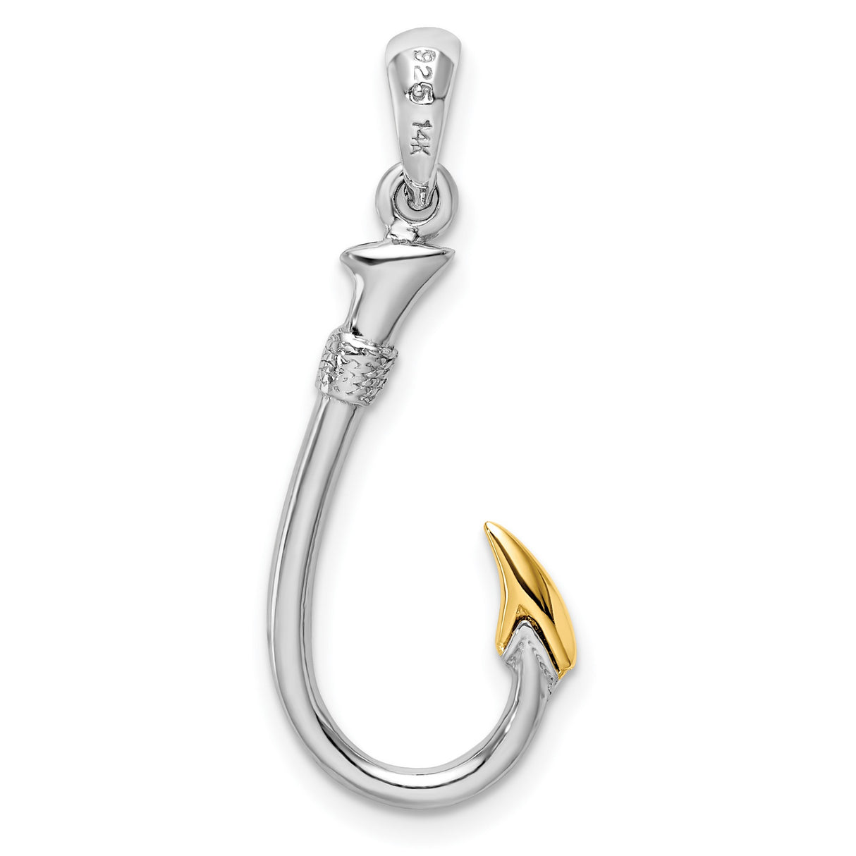 Sterling Silver Fishing Hook Pendant, Two Tone Nautical Charm for Men, Marine Theme Jewelry