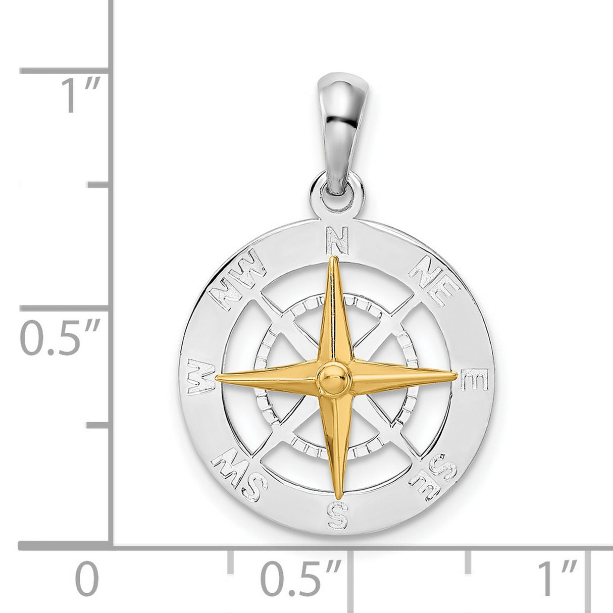 Sterling Silver Compass Pendant with Two-Tone North South East West Design, Nautical Theme