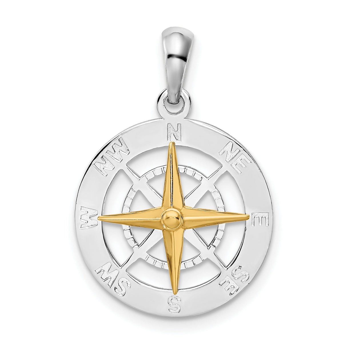 Sterling Silver Compass Pendant with Two-Tone North South East West Design, Nautical Theme