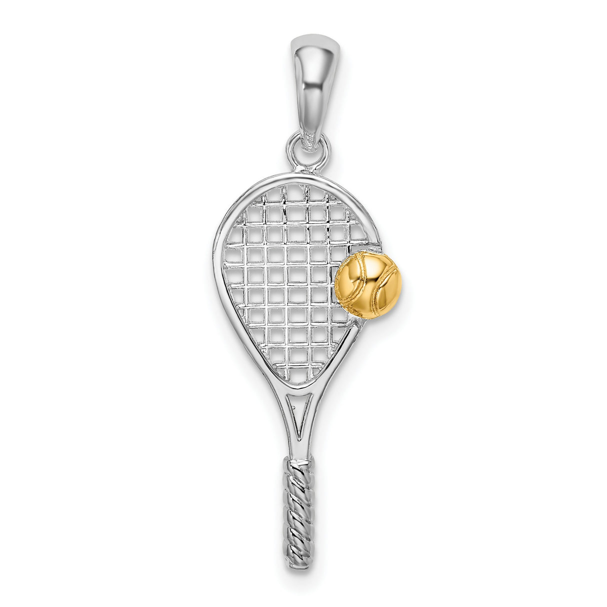 Polished Tennis Racquet with Ball Charm Pendant in Real 925 Sterling Silver