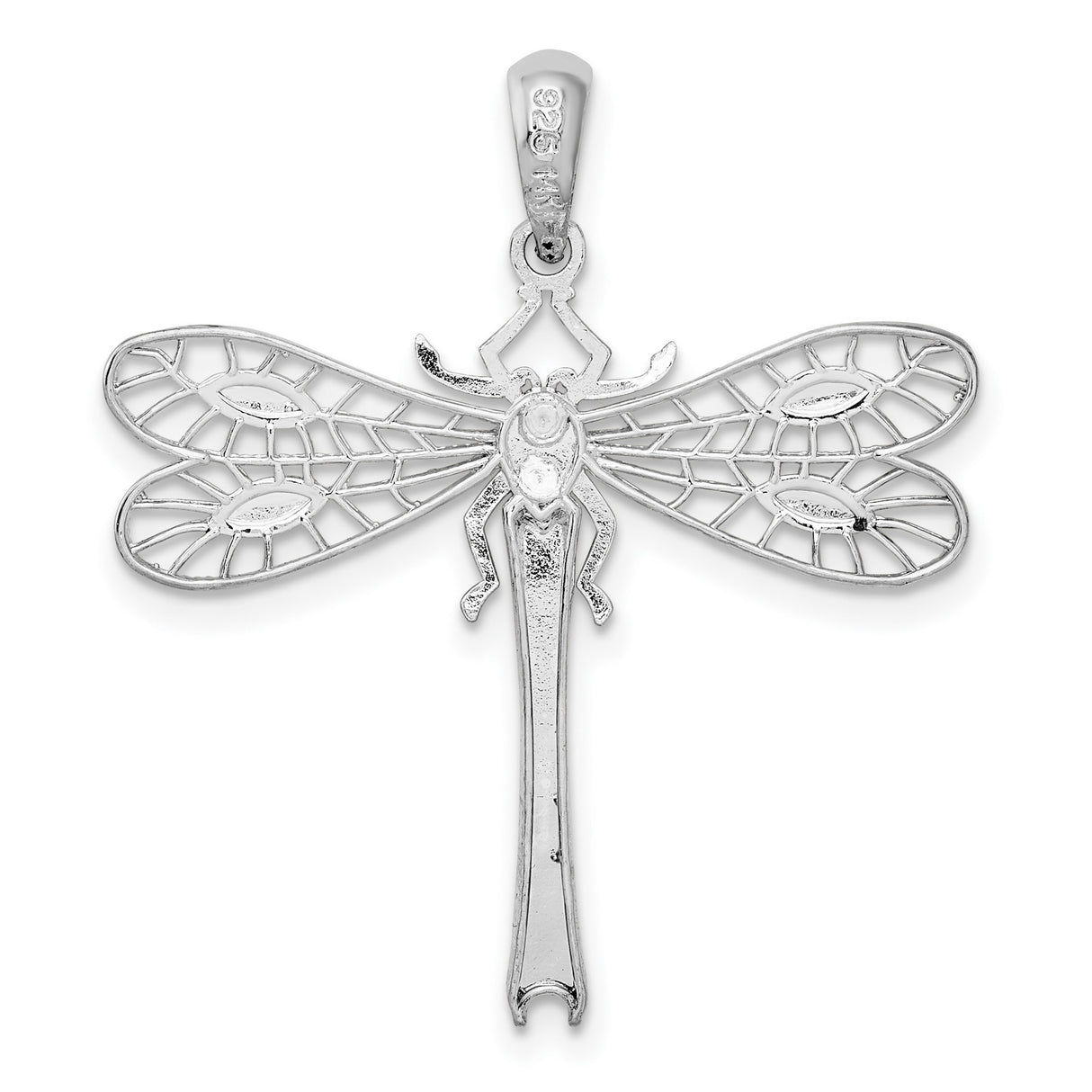 Sterling Silver Two-Tone Dragonfly Pendant with Openwork Wings and Textured Details