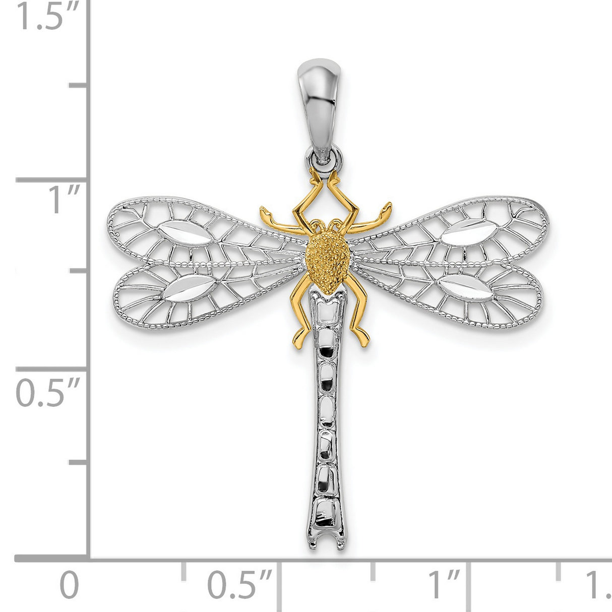 Sterling Silver Two-Tone Dragonfly Pendant with Openwork Wings and Textured Details