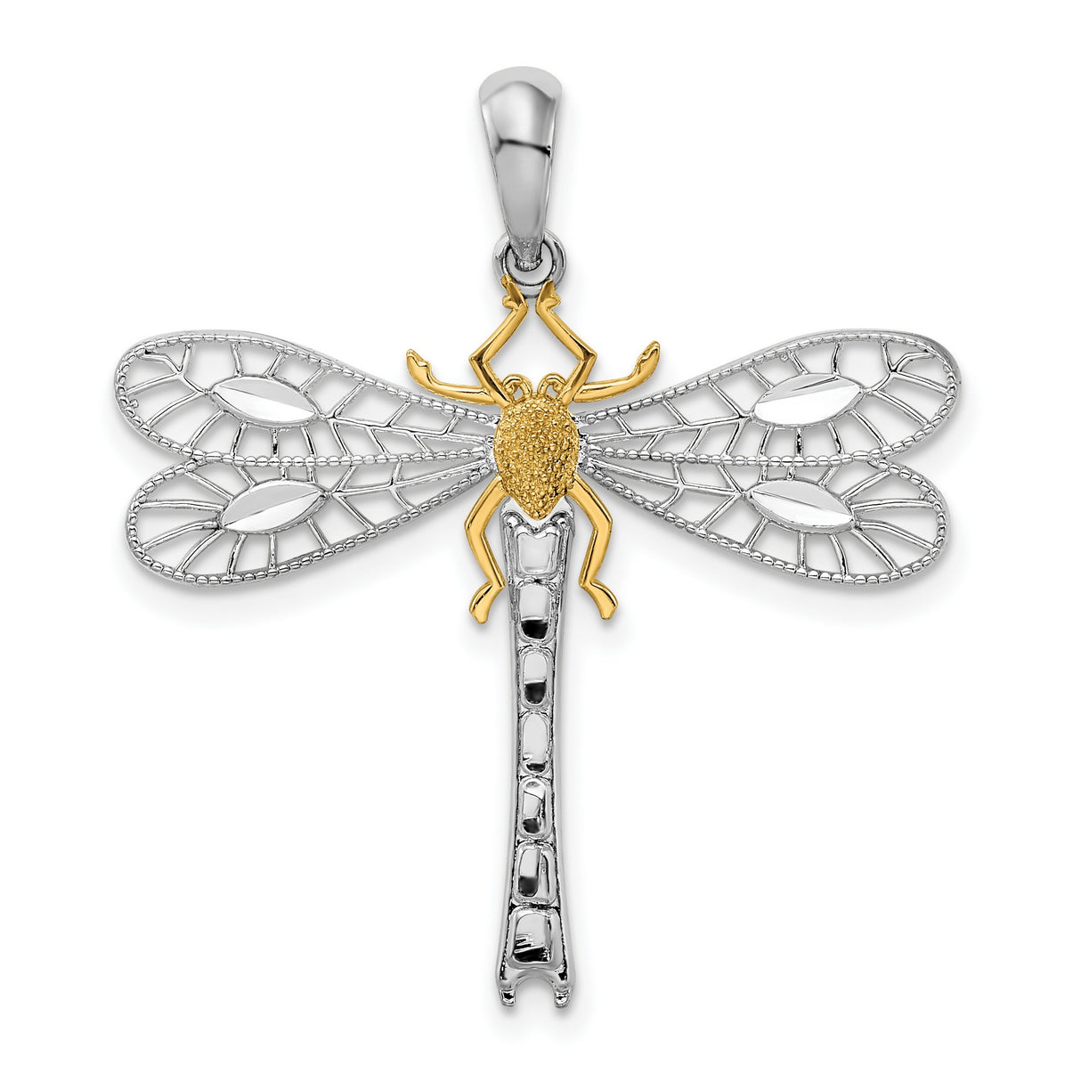 Sterling Silver Two-Tone Dragonfly Pendant with Openwork Wings and Textured Details
