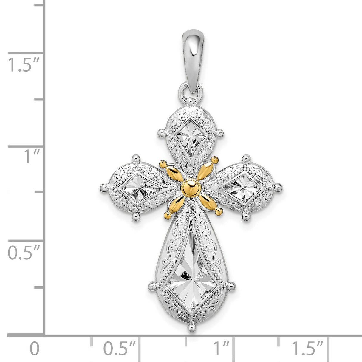 Sterling Silver Filigree Cross Pendant with Gold Accent, Vintage Floral Religious Design
