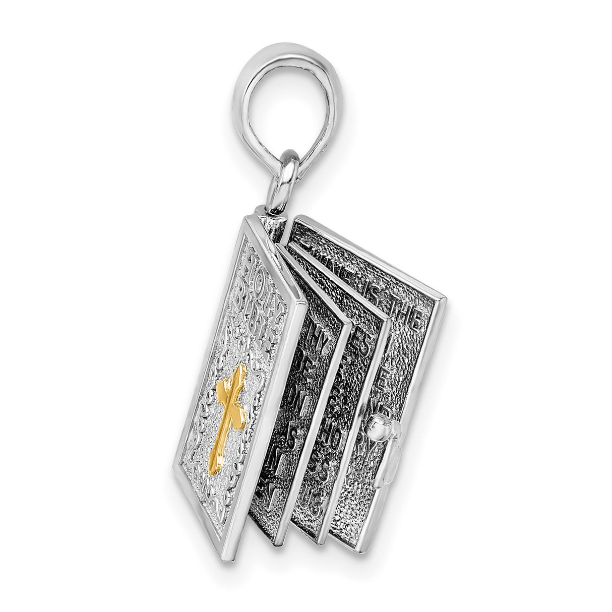 Sterling Silver Holy Bible Pendant with Cross, Two-Tone Christian Jewelry Piece