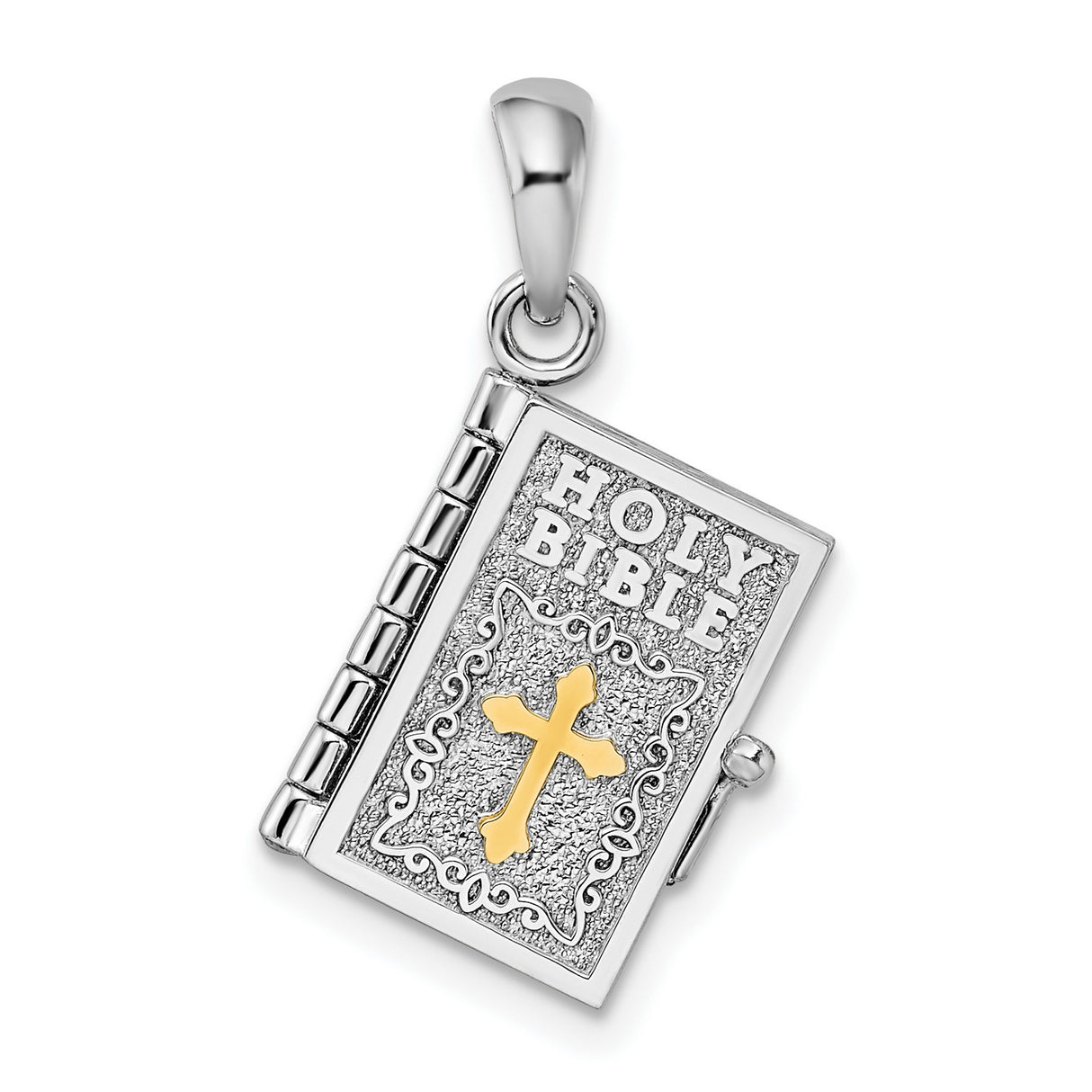 Sterling Silver Holy Bible Pendant with Cross, Two-Tone Christian Jewelry Piece