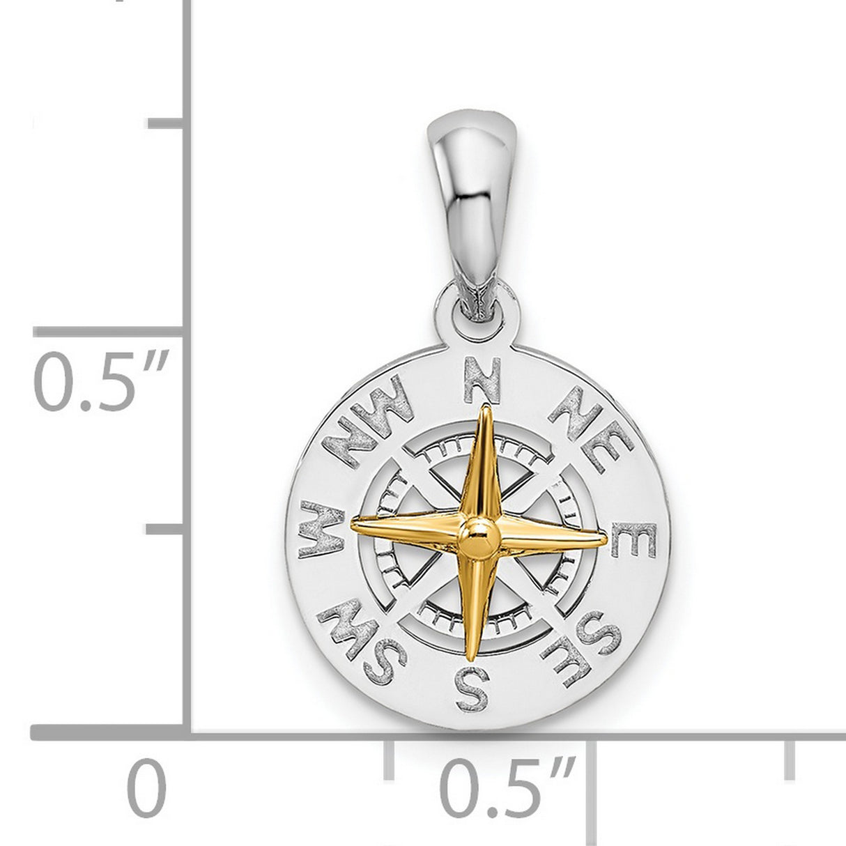 Sterling Silver Compass Pendant with 14k Gold Accents, Nautical Travel and Exploration Theme