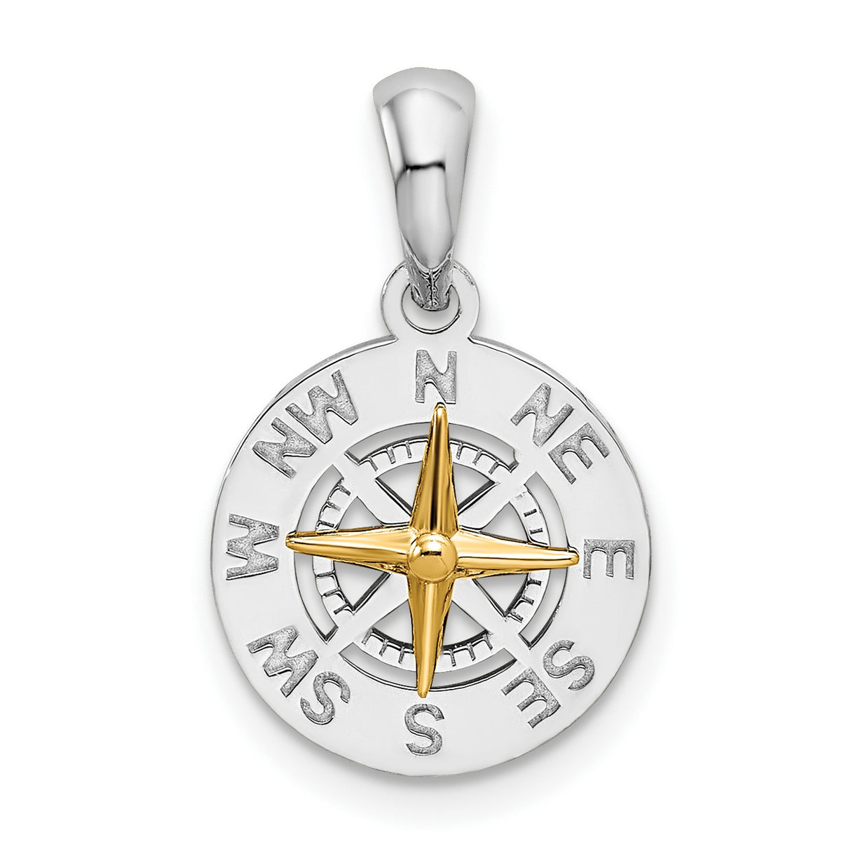 Sterling Silver Compass Pendant with 14k Gold Accents, Nautical Travel and Exploration Theme