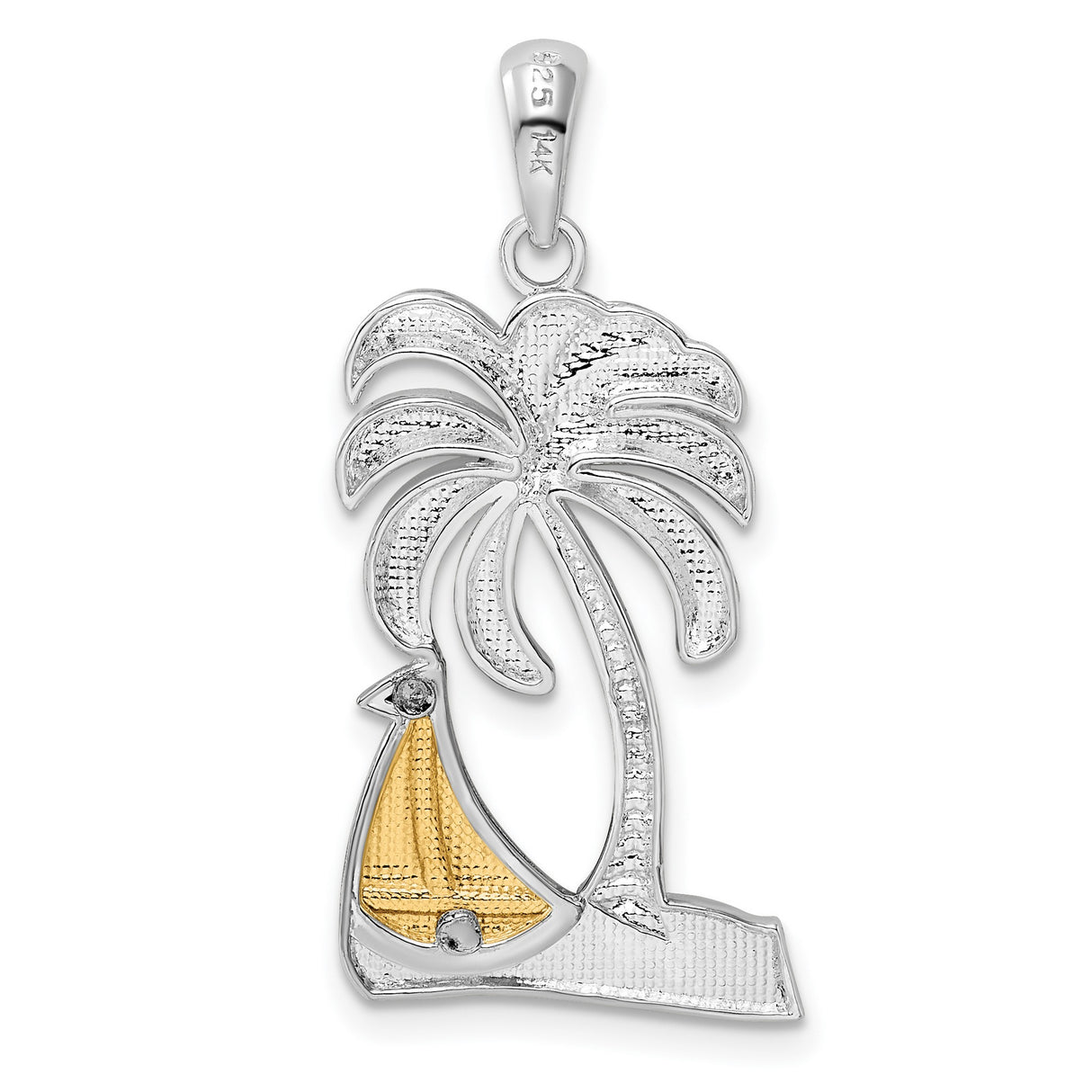 Sterling Silver Palm Tree Sailboat Pendant, Two-Tone Nautical Island Design for Women or Unisex Wear
