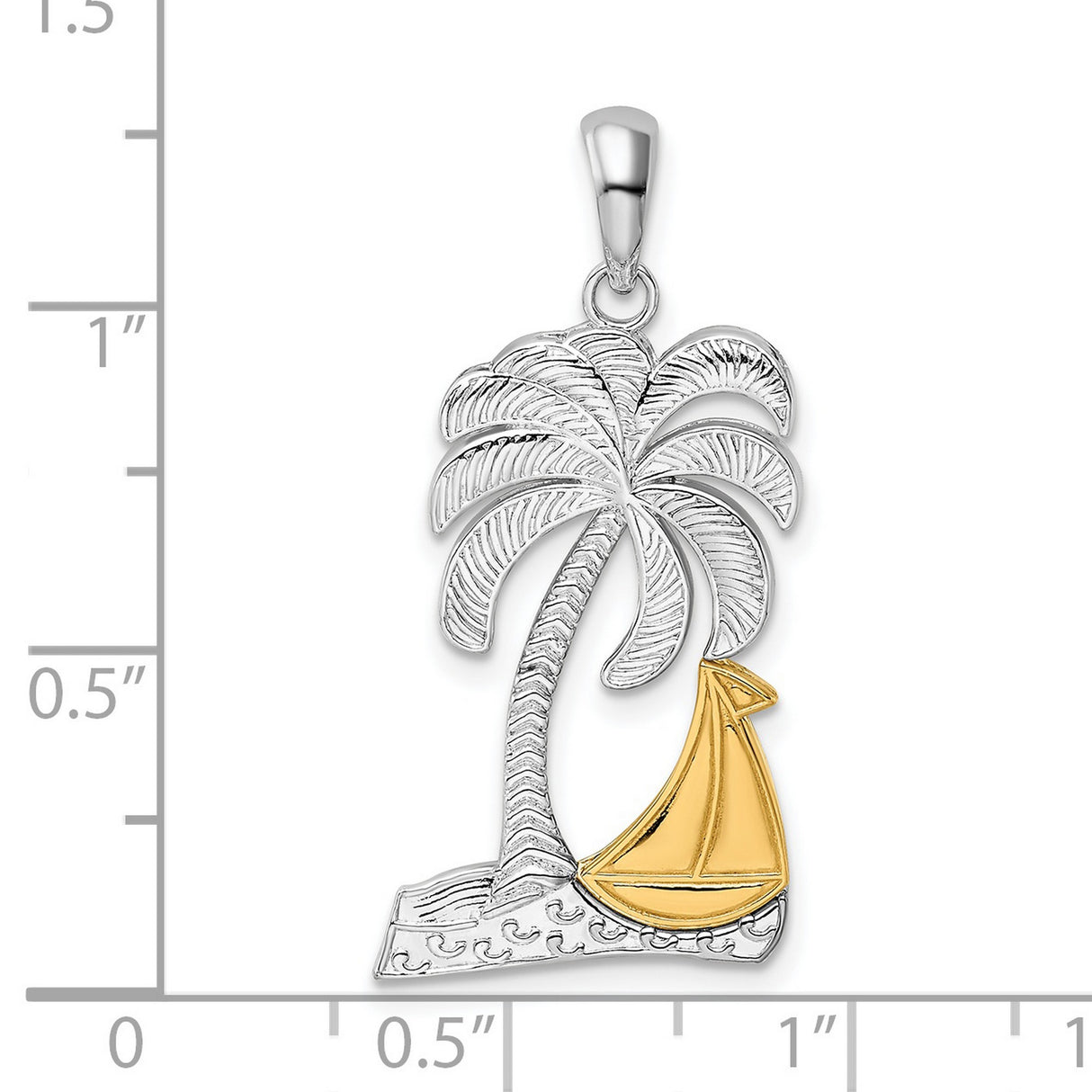 Sterling Silver Palm Tree Sailboat Pendant, Two-Tone Nautical Island Design for Women or Unisex Wear