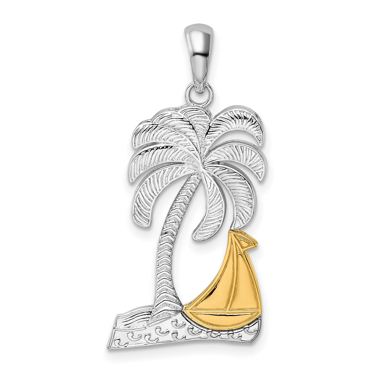 Sterling Silver Palm Tree Sailboat Pendant, Two-Tone Nautical Island Design for Women or Unisex Wear