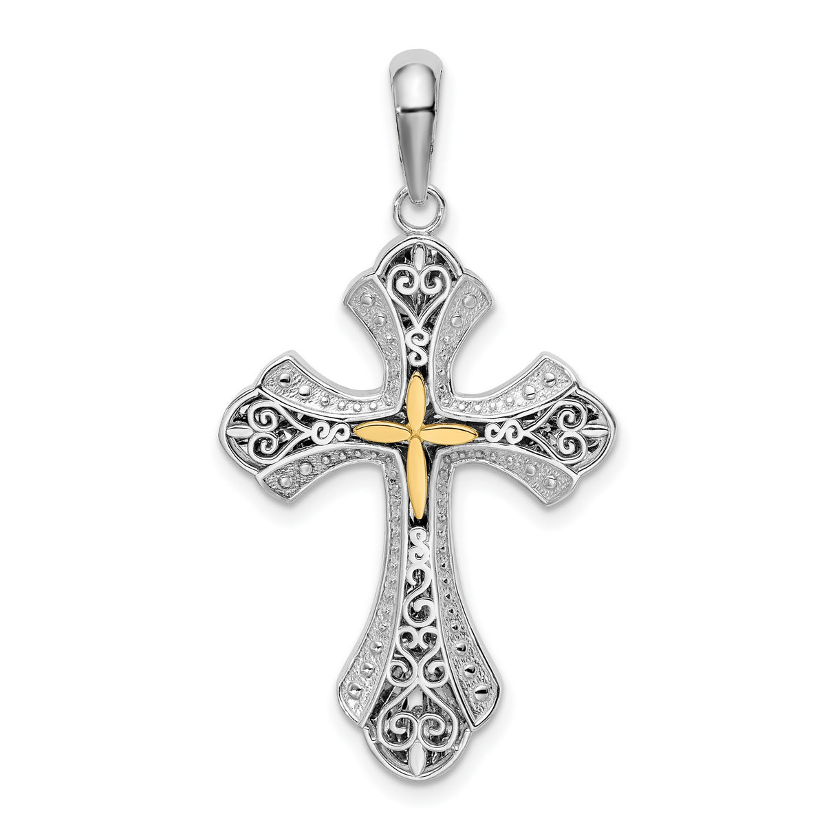 Sterling Silver Filigree Cross Pendant with Gold Accents, Textured Arms, Religious Design