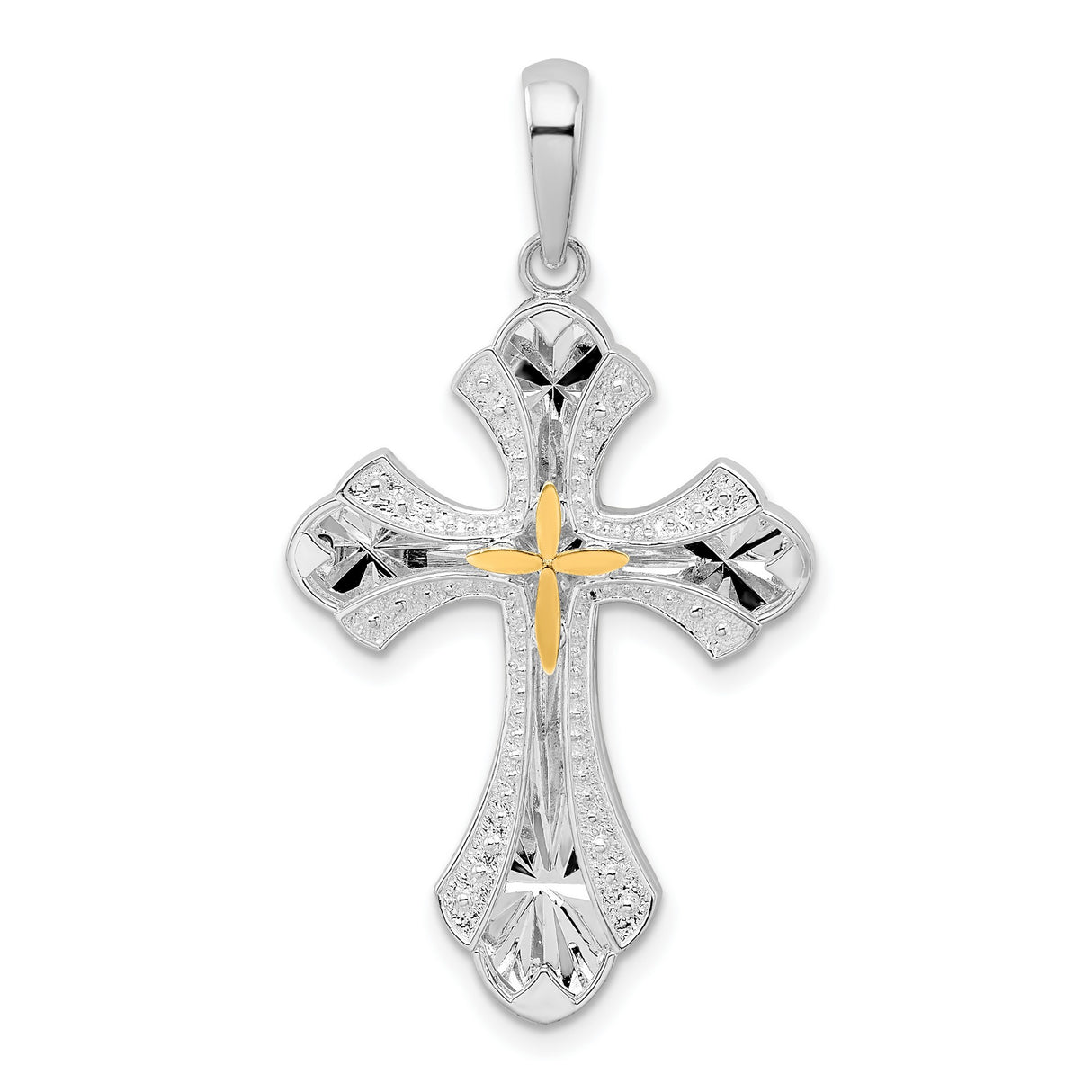 Sterling Silver Cross Pendant with Gold Accent, Baroque Flared Tips and Textured Edge