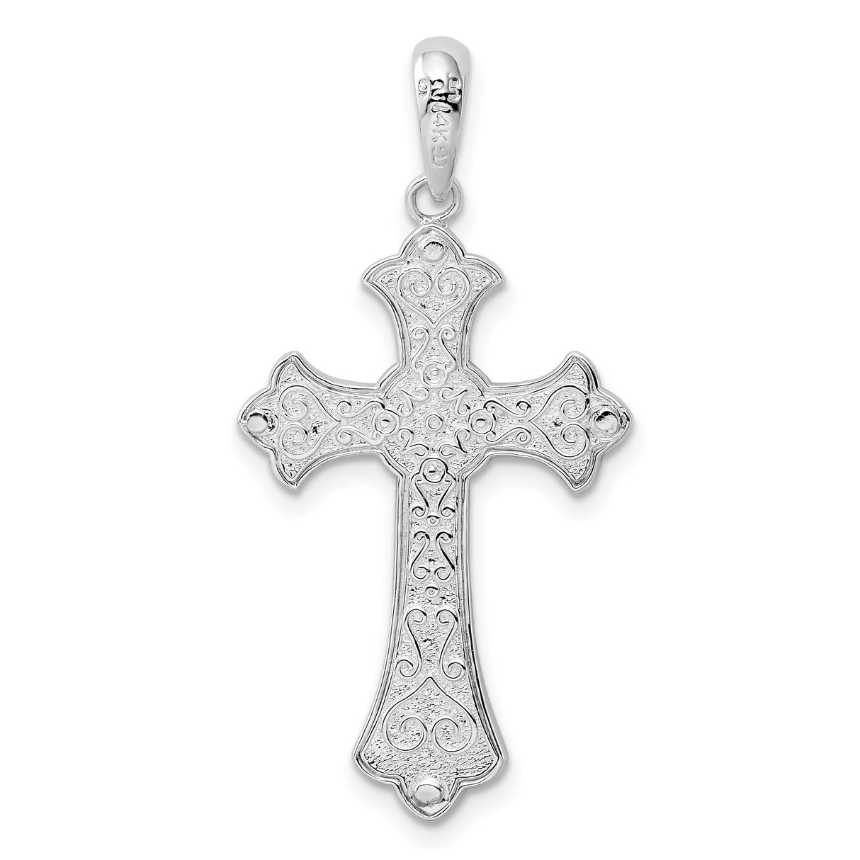 Sterling Silver Cross Pendant with Dual Tone Fleur de Lis Design and Scalloped Edge