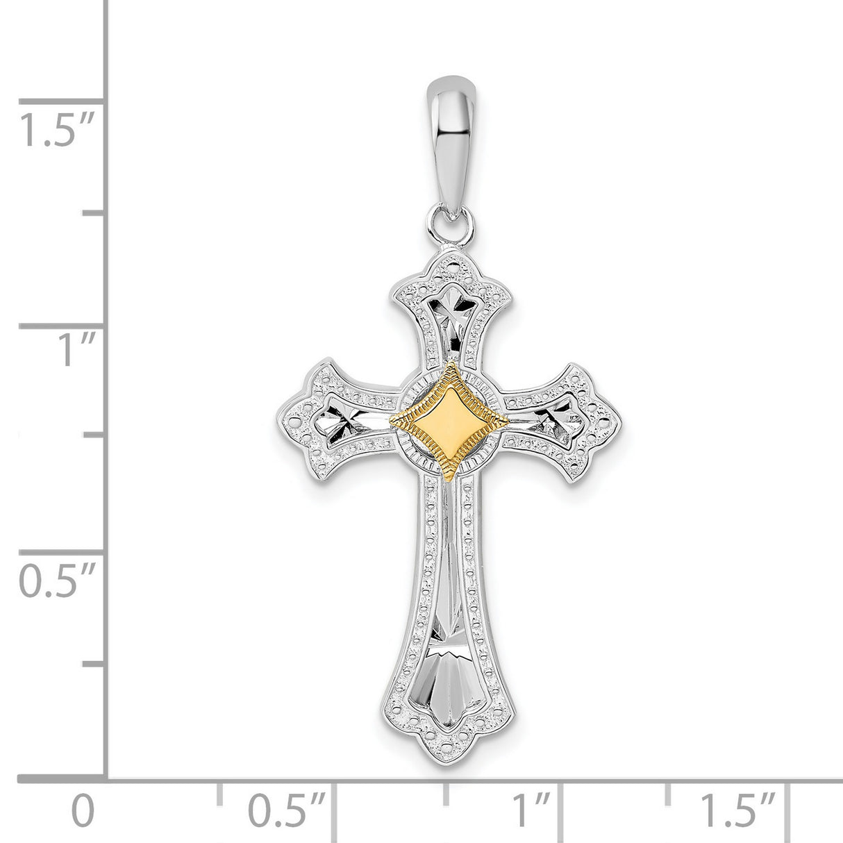 Sterling Silver Cross Pendant with Dual Tone Fleur de Lis Design and Scalloped Edge