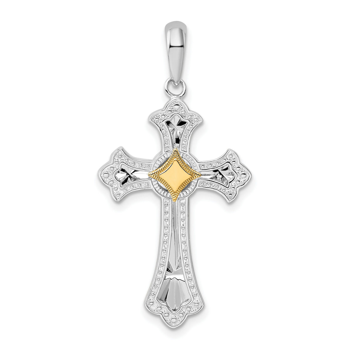 Sterling Silver Cross Pendant with Dual Tone Fleur de Lis Design and Scalloped Edge