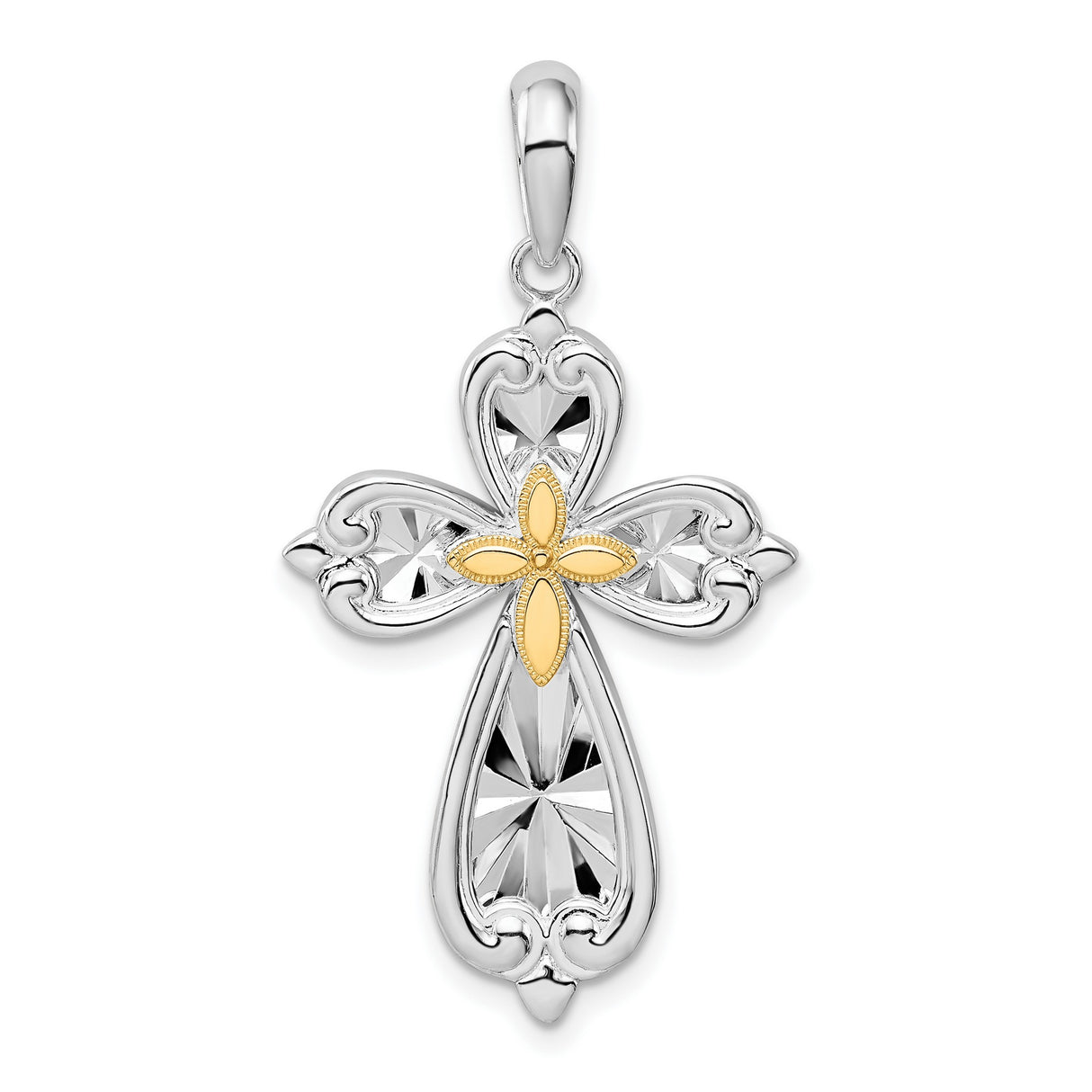 Sterling Silver Cross Pendant with Marquise Floral Design and Beaded Center