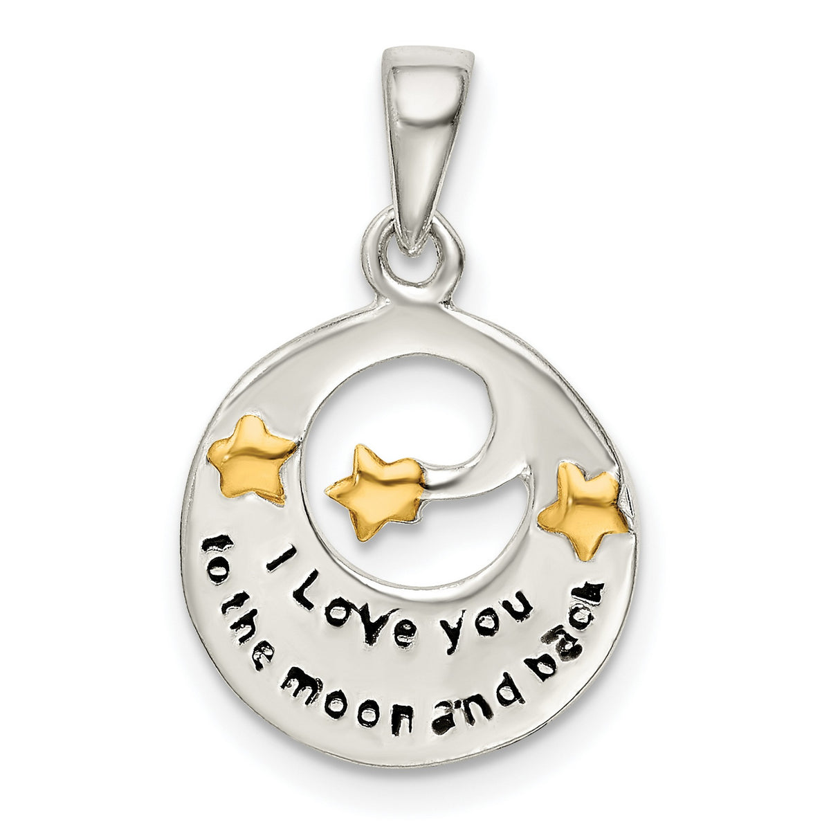 Sterling Silver Moon Pendant with Gold-Tone Stars and I Love You to the Moon and Back Message