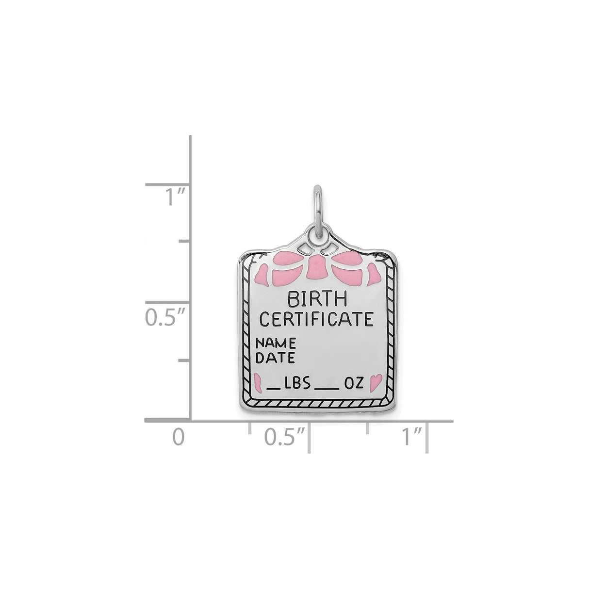 Sterling Silver Birth Certificate Pendant Charm with Pink Enamel Bow, Baby Girl Keepsake