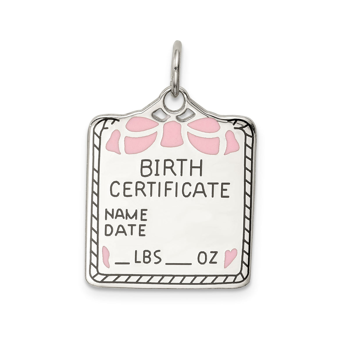 Sterling Silver Birth Certificate Pendant Charm with Pink Enamel Bow, Baby Girl Keepsake
