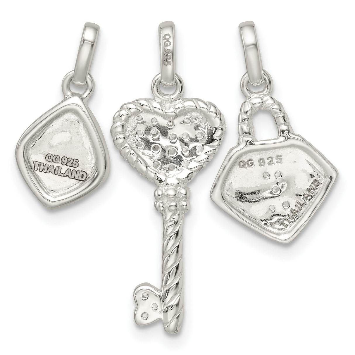 Sterling Silver Charm Pendant Set with Heart Key, Crystal Lock, Tag with Live