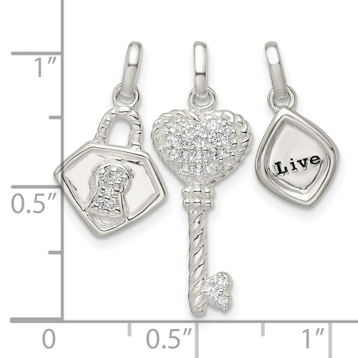 Sterling Silver Charm Pendant Set with Heart Key, Crystal Lock, Tag with Live