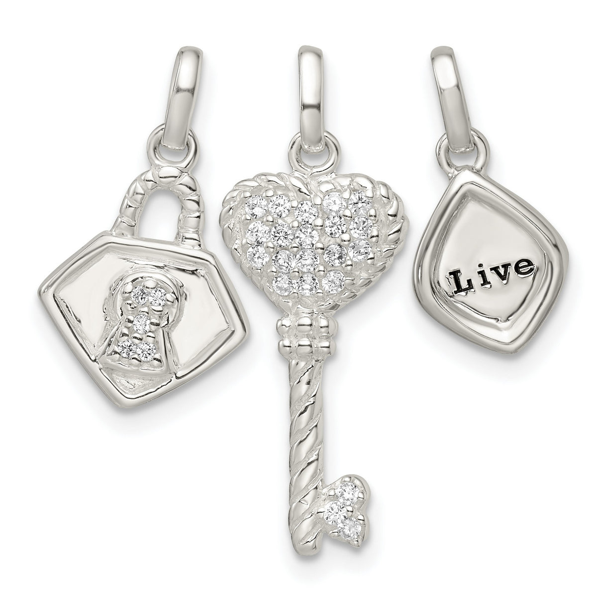 Sterling Silver Charm Pendant Set with Heart Key, Crystal Lock, Tag with Live