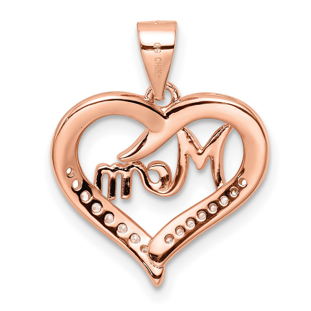 Sterling Silver Mom Heart Pendant with Cubic Zirconia, Rose Gold-Plated, Sculpted Hand Design