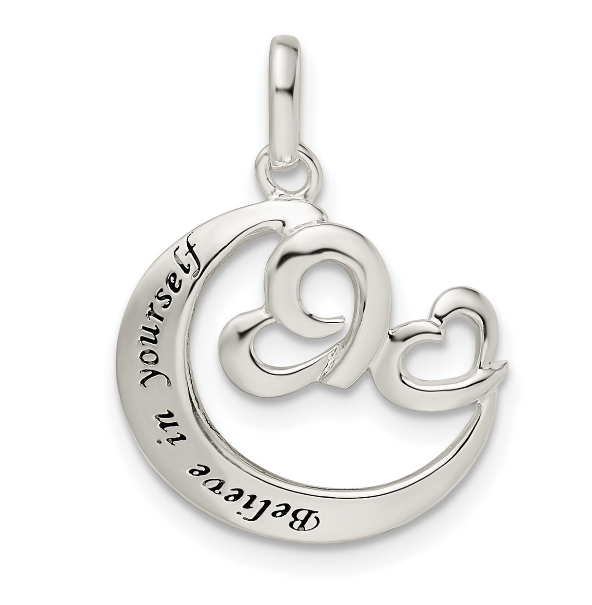 Sterling Silver Crescent Moon Pendant with Interlocking Hearts and Inspirational Engraving
